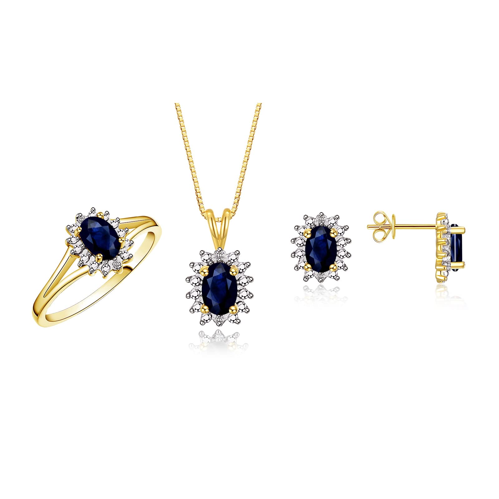 Rylos Women's Yellow Gold Plated Sterling Silver September Birthstone Jewelry Set - 6X4MM Sapphire Ring, Earrings & Pendant Necklace with Gemstones & Diamonds | Perfect Gift for Friends, Birthday & Special Occasions