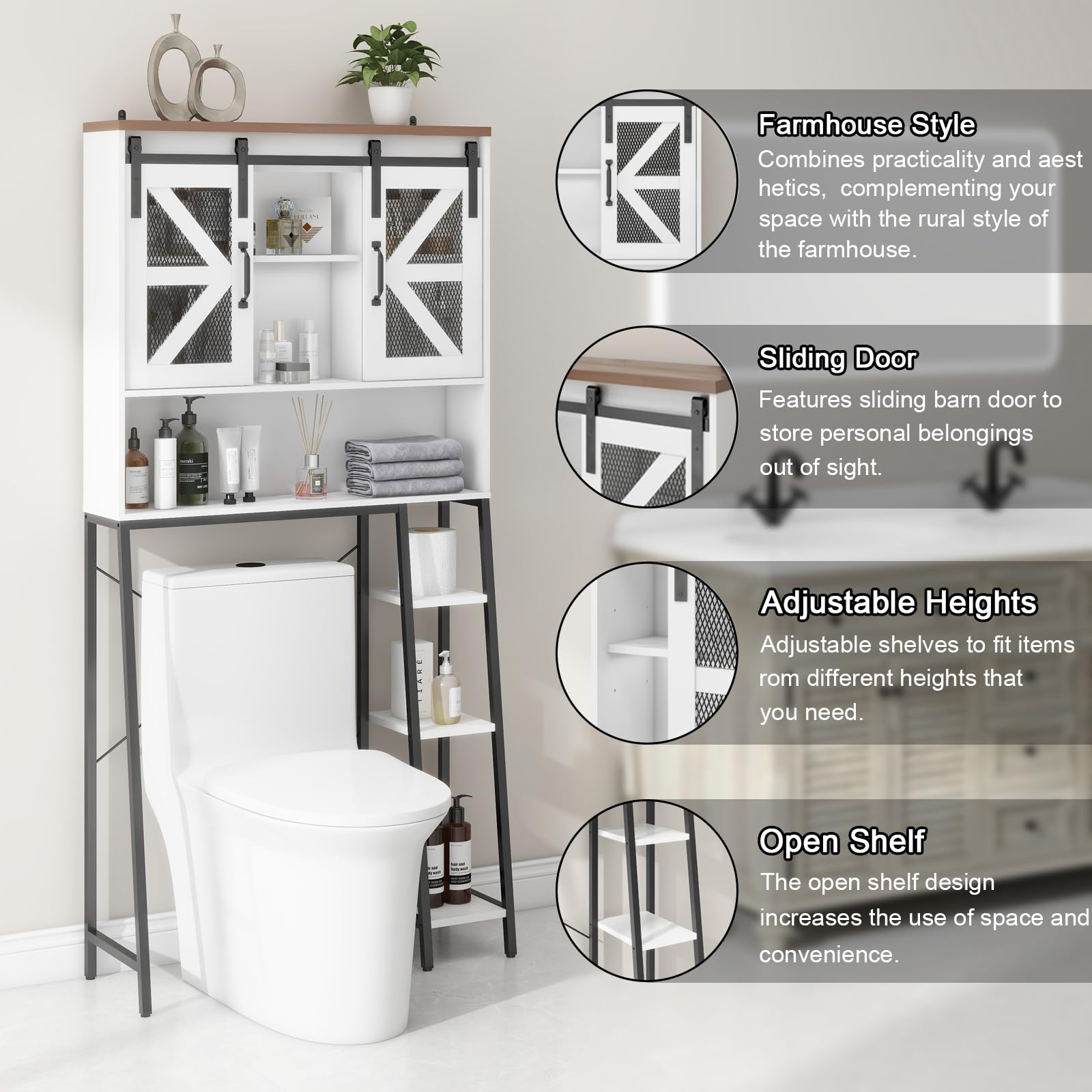 Farmhouse Over The Toilet Storage Cabinet with Sliding Barn Door - Space Saving Bathroom Organizer for Toiletries, Towels & Laundry - Perfect for Small Bathrooms, Restrooms & Powder Rooms