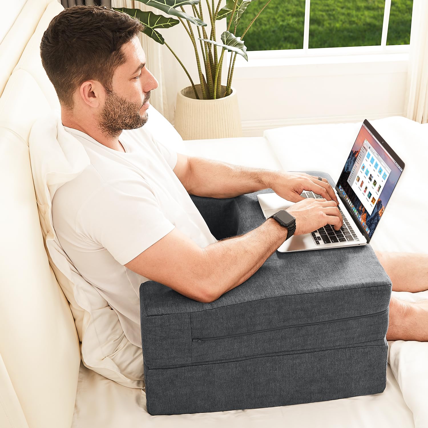 Memory Foam Lap Desk Pillow for Adults - Portable Bed & Sofa Workstation with Cup Holder & Arm Rest - Perfect for Reading, Working, Crocheting & Laptop Use in Bed, Floor or Couch (Grey)