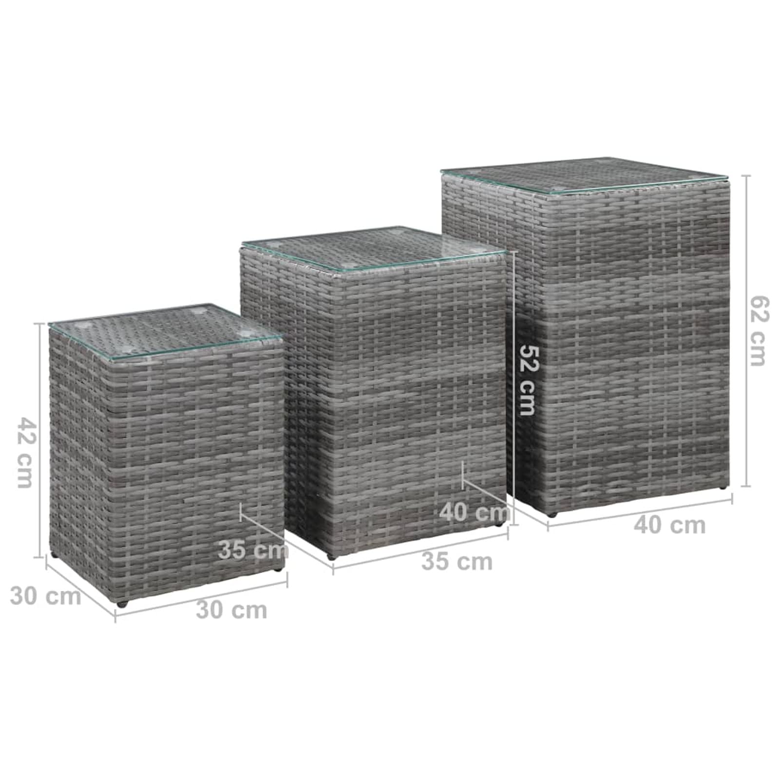 3-Piece Gray Poly Rattan Side Tables with Glass Tops - Modern End Tables for Living Room, Bedroom, or Office Decor