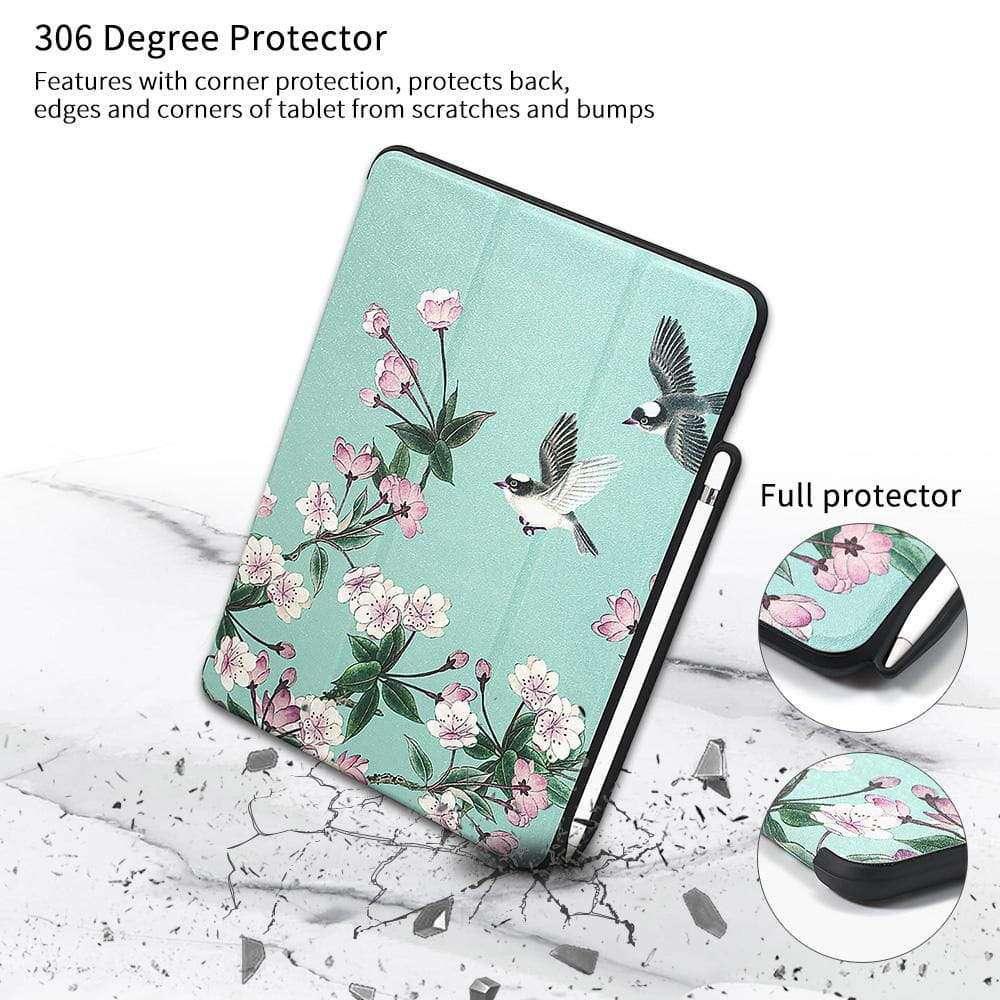 Premium Silk Pencil Holder & Smart Sleep Tri-Fold Case for iPad 6 (10.2 Inch) - Elegant Floral Design for Office, Home & Travel Use