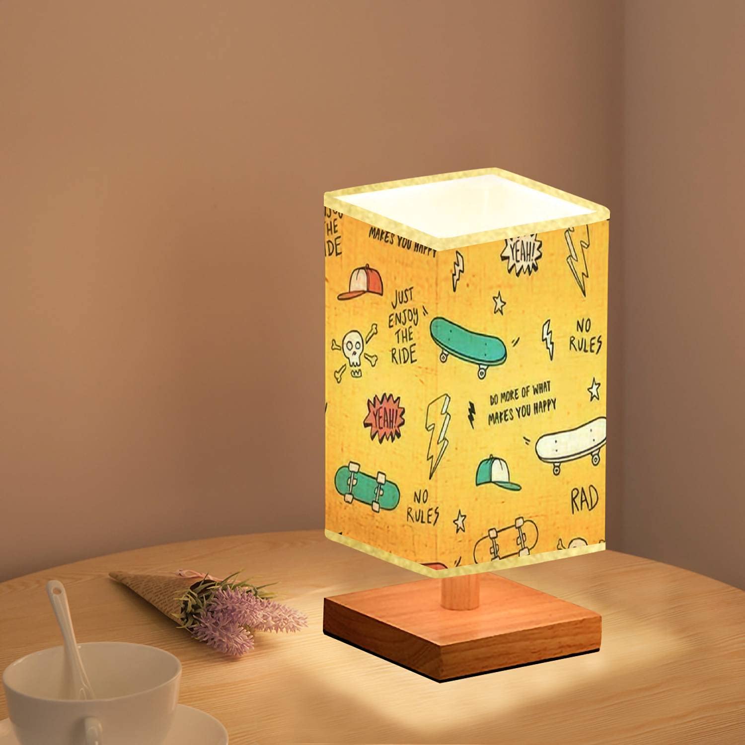 Hand-Painted Skateboard Design Dimmable Nightstand Lamp - Wooden Base with Flaxen Fabric Shade for Bedroom & Living Room | Perfect for Skate Enthusiasts' Home Decor
