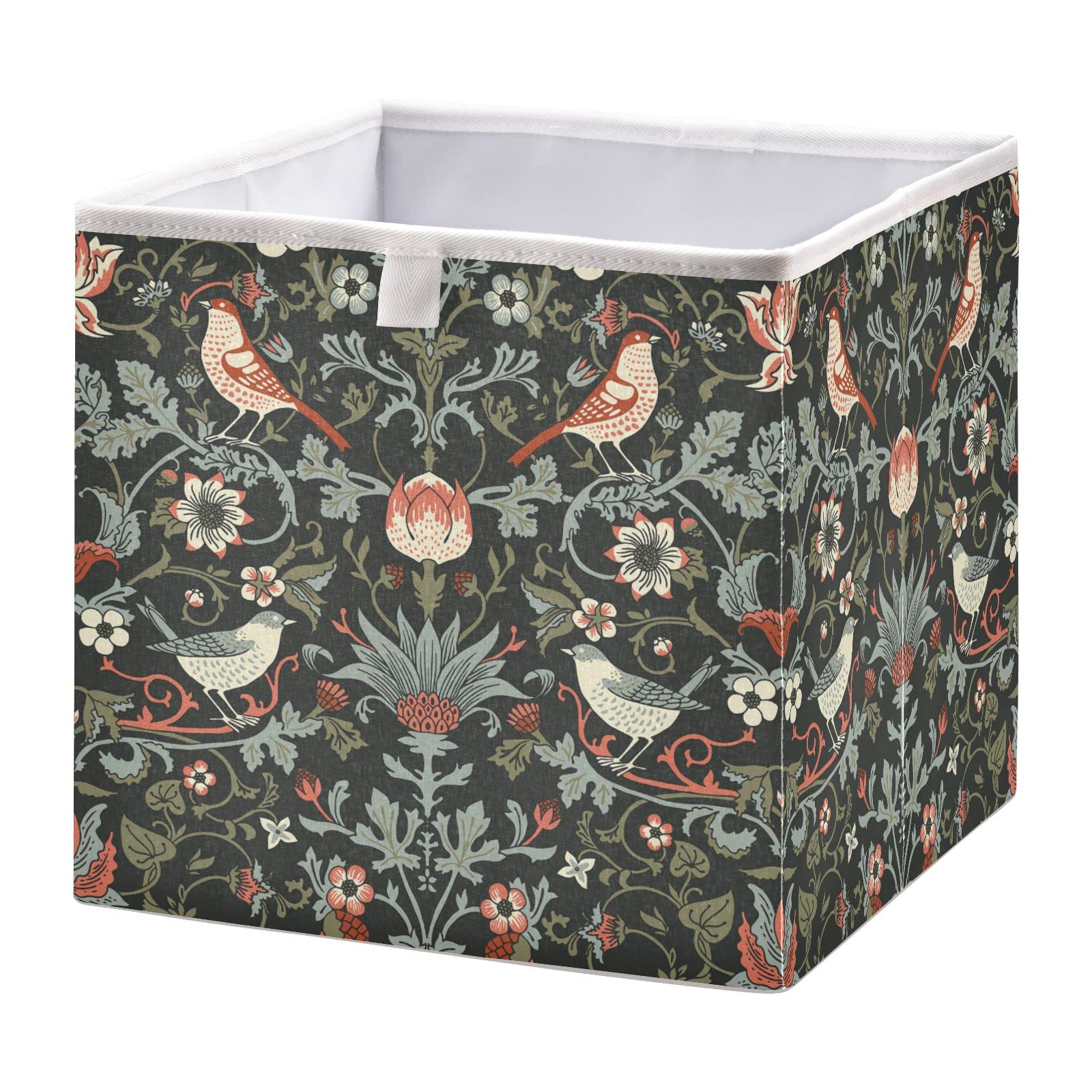 William Morris Floral Bird Pattern Foldable Storage Bins - Dark Rectangular Collapsible Fabric Baskets with Handles for Nursery, Closet & Shelves Organization | Perfect for Kids' Toys, Blankets & Home Decor Storage