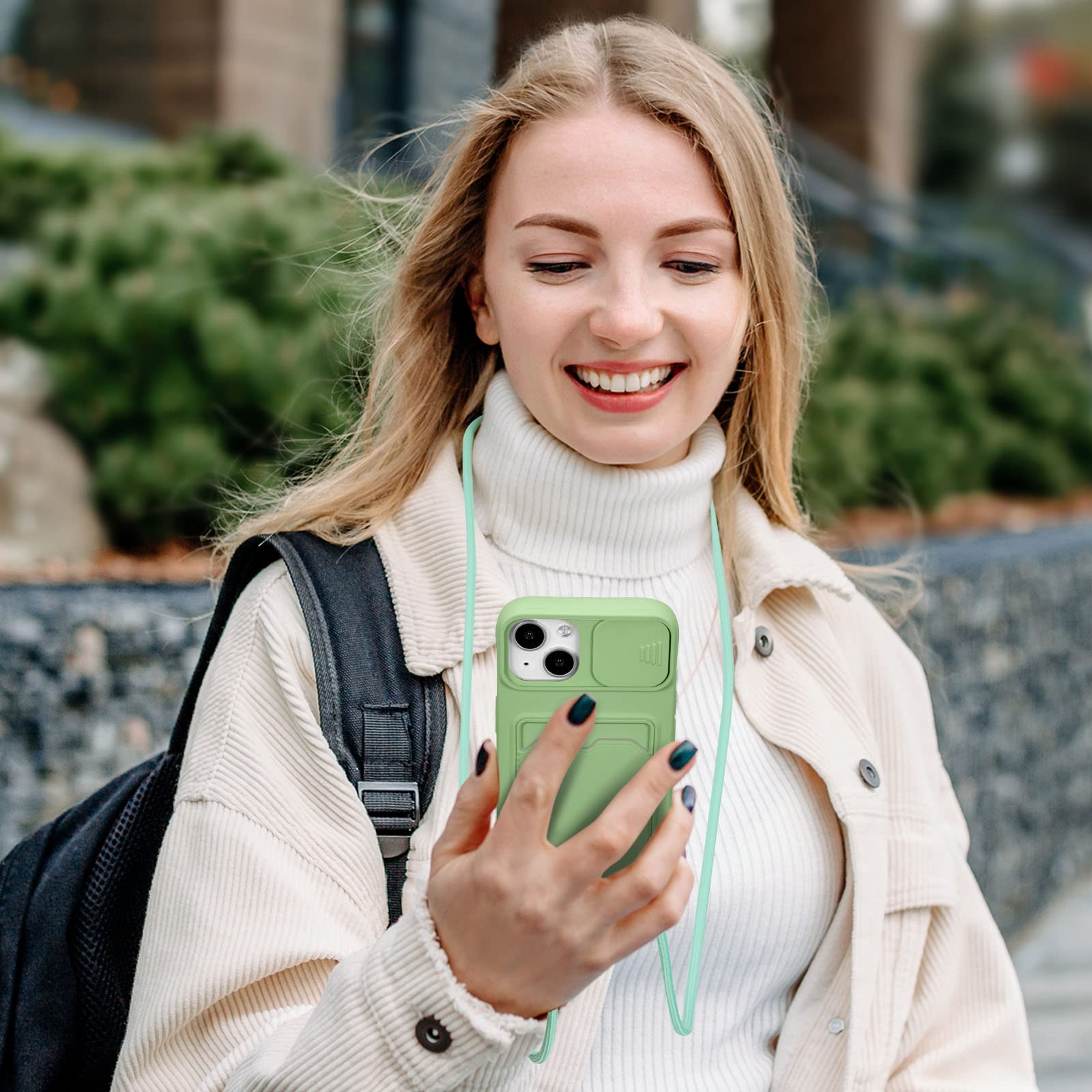 UEEBAI iPhone 13 6.1 Inch Crossbody Phone Case with Camera Cover & Silicone Card Holder - Adjustable Neck Strap, Shockproof Protective Case (Matcha Green) - Perfect for Travel, Shopping & Hands-Free Daily Use