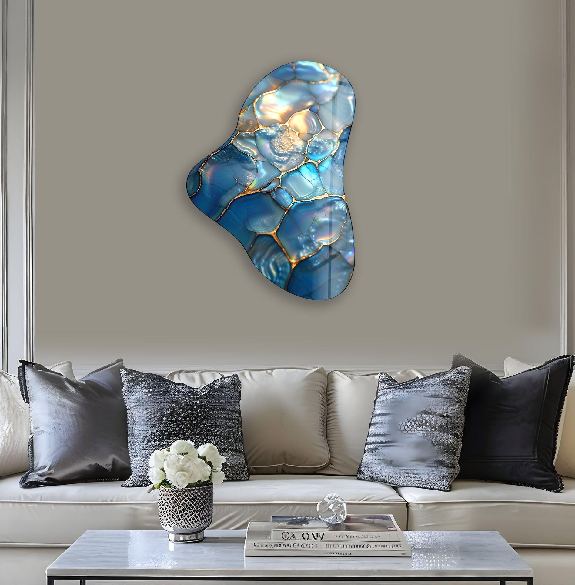 Blue Abstract Asymmetrical Glass Wall Art - Modern Home Decor for Living Room, Bedroom & Office | Handmade Glass Artwork