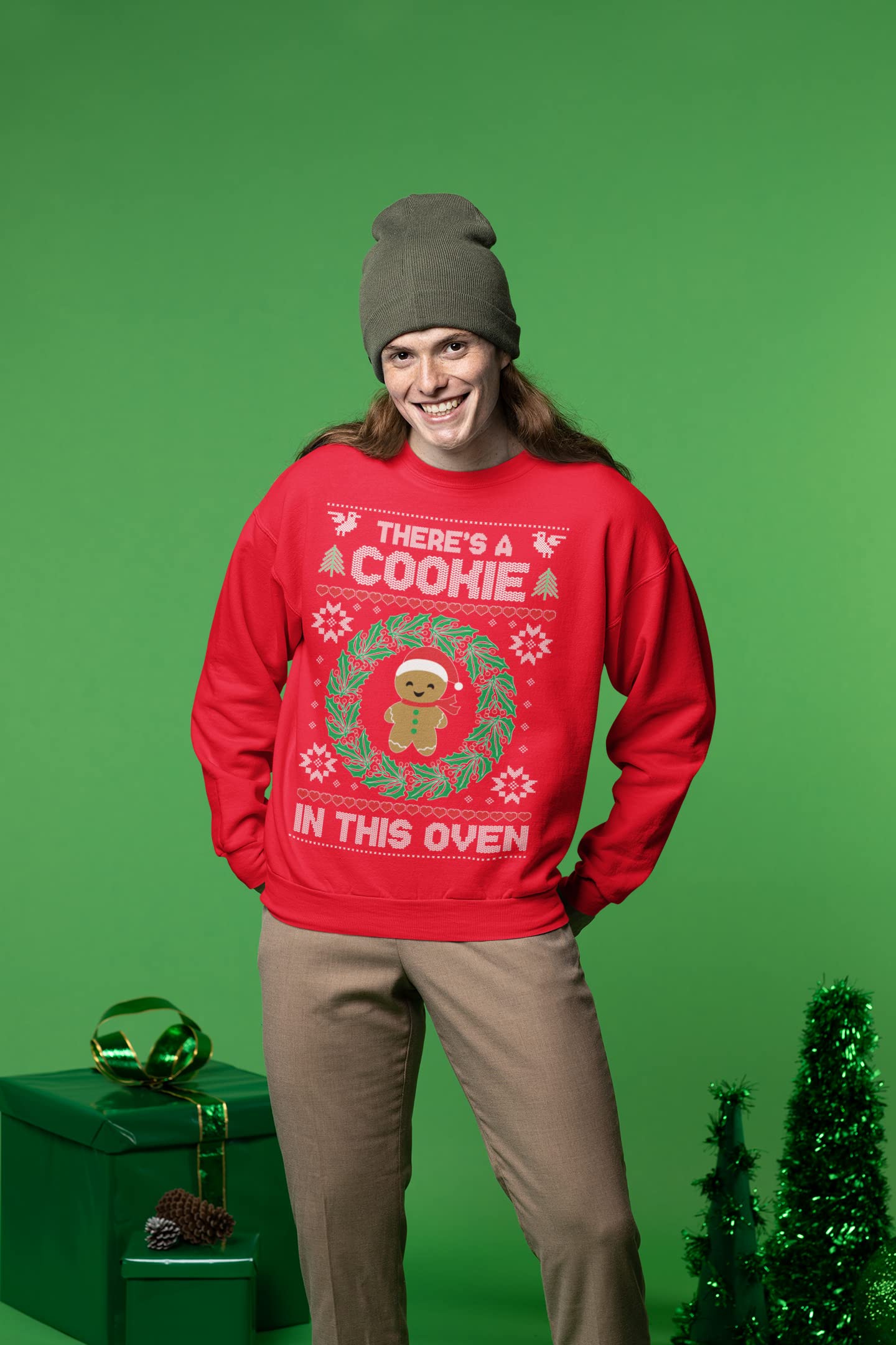Wild Bobby 'There's a Cookie in This Oven' Pregnancy Announcement Ugly Christmas Sweater - Funny Holiday Crewneck Sweatshirt for Women & Men | Perfect for Gender Reveal Parties & Festive Family Photos