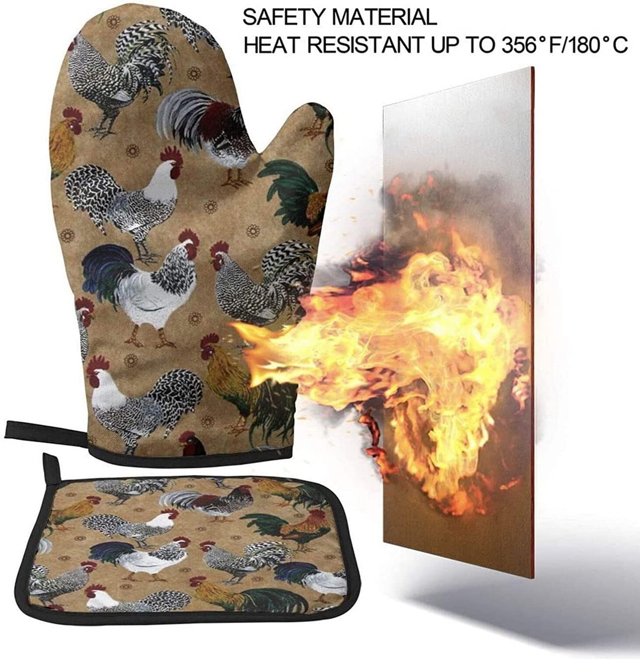 Rooster and Chicken Print Heat Resistant Oven Mitt and Pot Holder Set of 2 - Durable Kitchen Potholders for Baking, Grilling, and Cooking