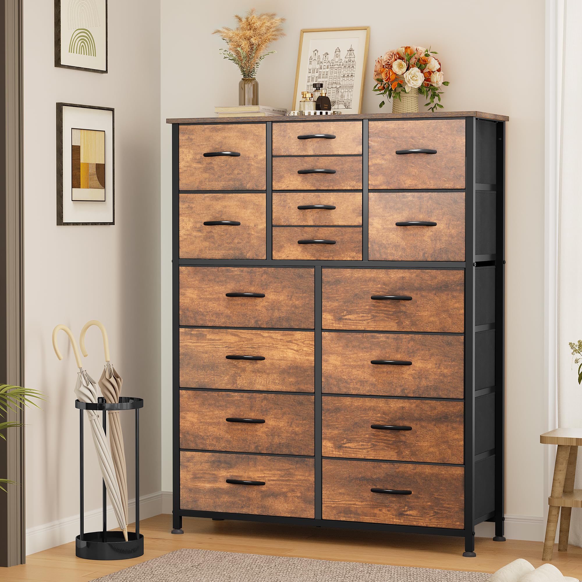 YITAHOME 16-Drawer Fabric Dresser with Sturdy Metal Frame & Wooden Top - Rustic Brown Storage Organizer for Bedroom, Closet, Living Room & Entryway | Perfect for Clothes, Toys, Blankets & Home Organization