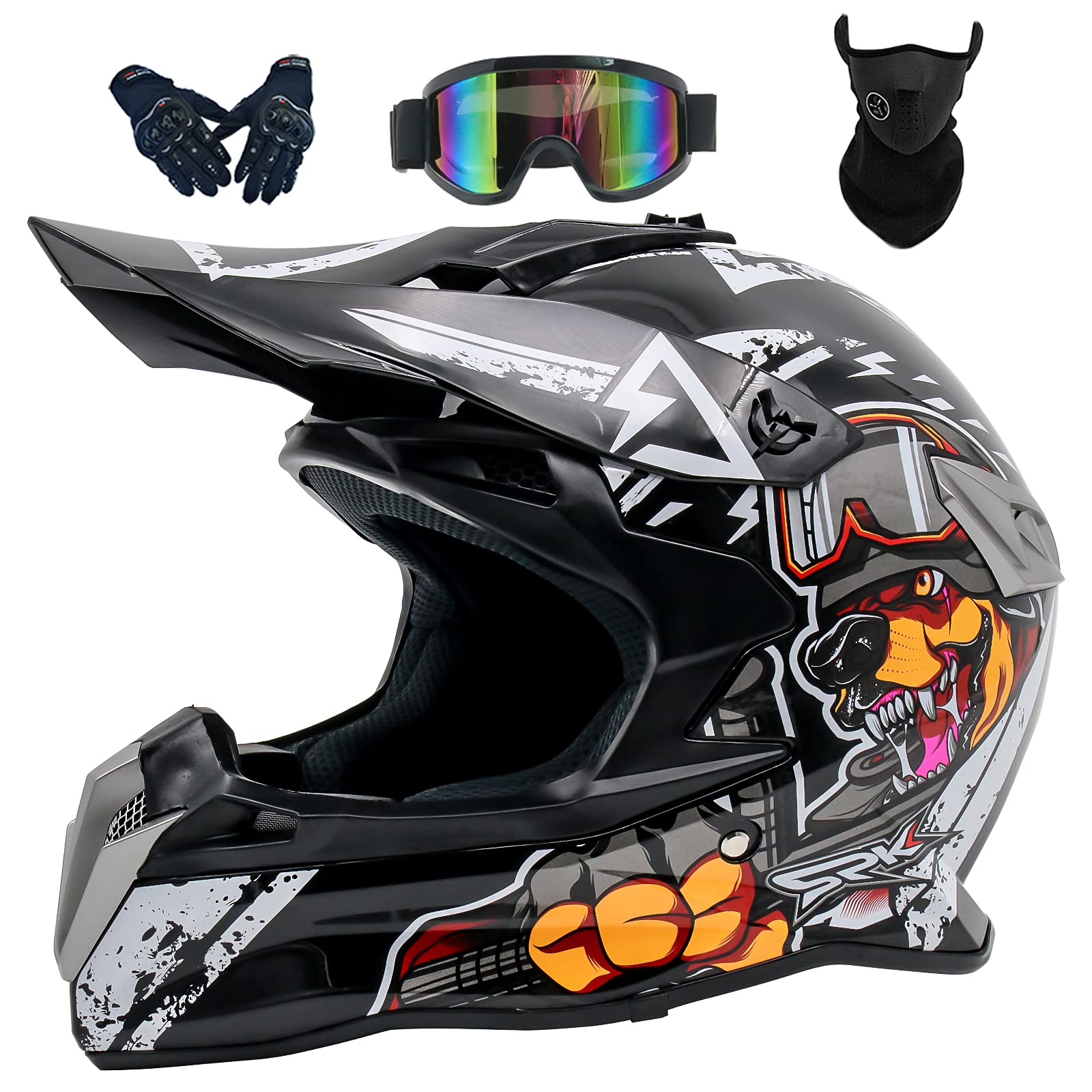 Yesmotor DOT Approved Full Face Motorcycle Helmet for Adults - MX Motocross Off-Road ATV Dirt Bike Helmet with Goggles & Sports Gloves 4PCS Set - Perfect for Racing, Trail Riding and Outdoor Adventures