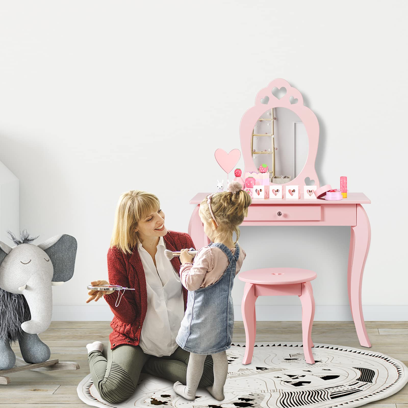 GIANTEX Kids Vanity Table with Stool, Wooden Makeup Dresser with Drawers & Removable Mirror, Pink Princess Vanity Set for Girls - Perfect for Bedroom Decor, Playroom & Gift for Toddlers