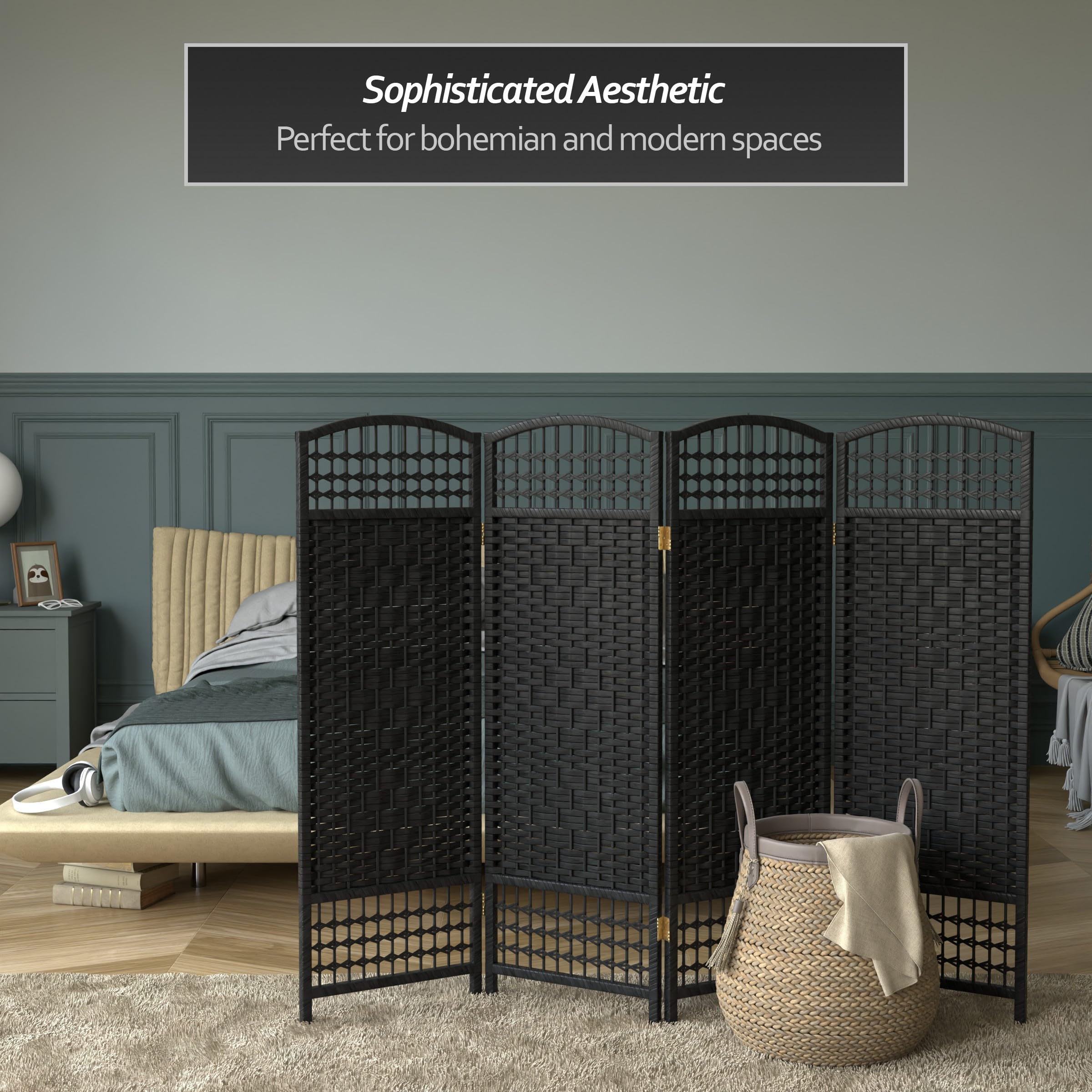 4 ft. Black Short Fiber Weave Folding Room Divider Screen - 4 Panel Privacy Partition for Home, Office & Events - Perfect for Space Separation & Decoration