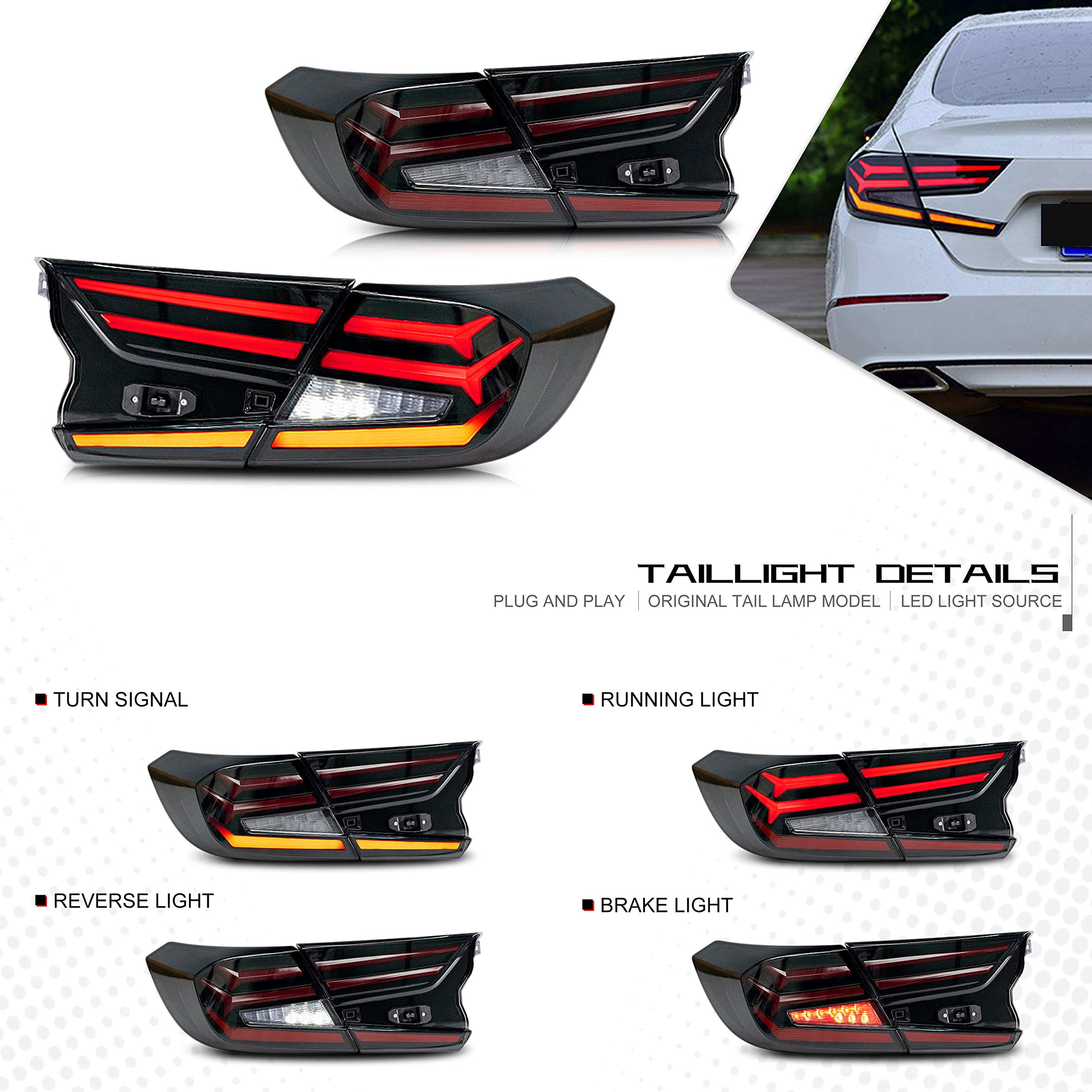 INGINUITY TIME LED Tail Lights for Honda Accord 10th Gen (2018-2022) - Black Sequential Turn Signal DRL Rear Lamp Assembly - Upgrade Your Car's Style & Safety for Night Driving & Custom Look