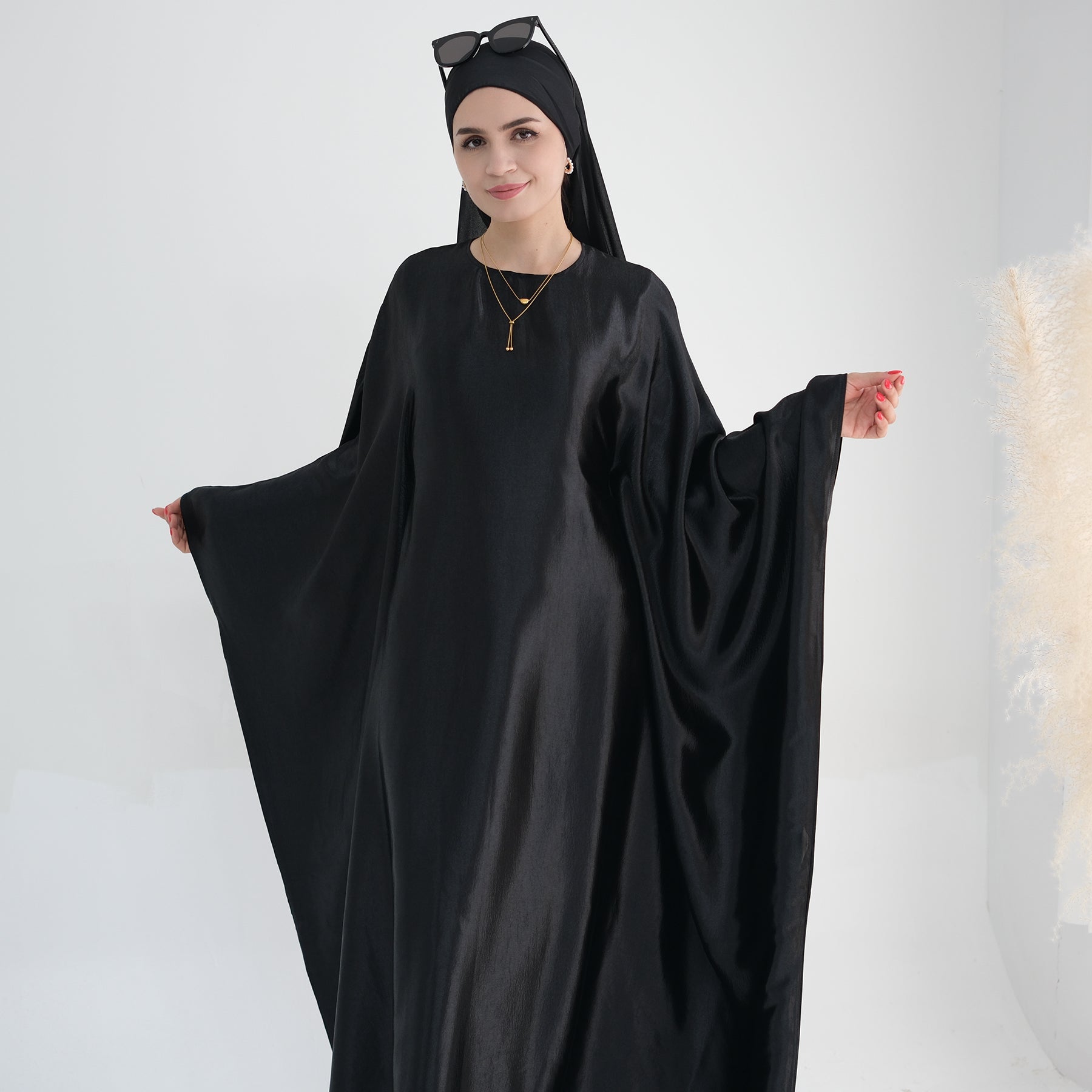 Elegant Black Alisha Butterfly Satin Abaya - Modest Muslim Dress for Women | Perfect for Prayer, Eid, Wedding & Special Occasions
