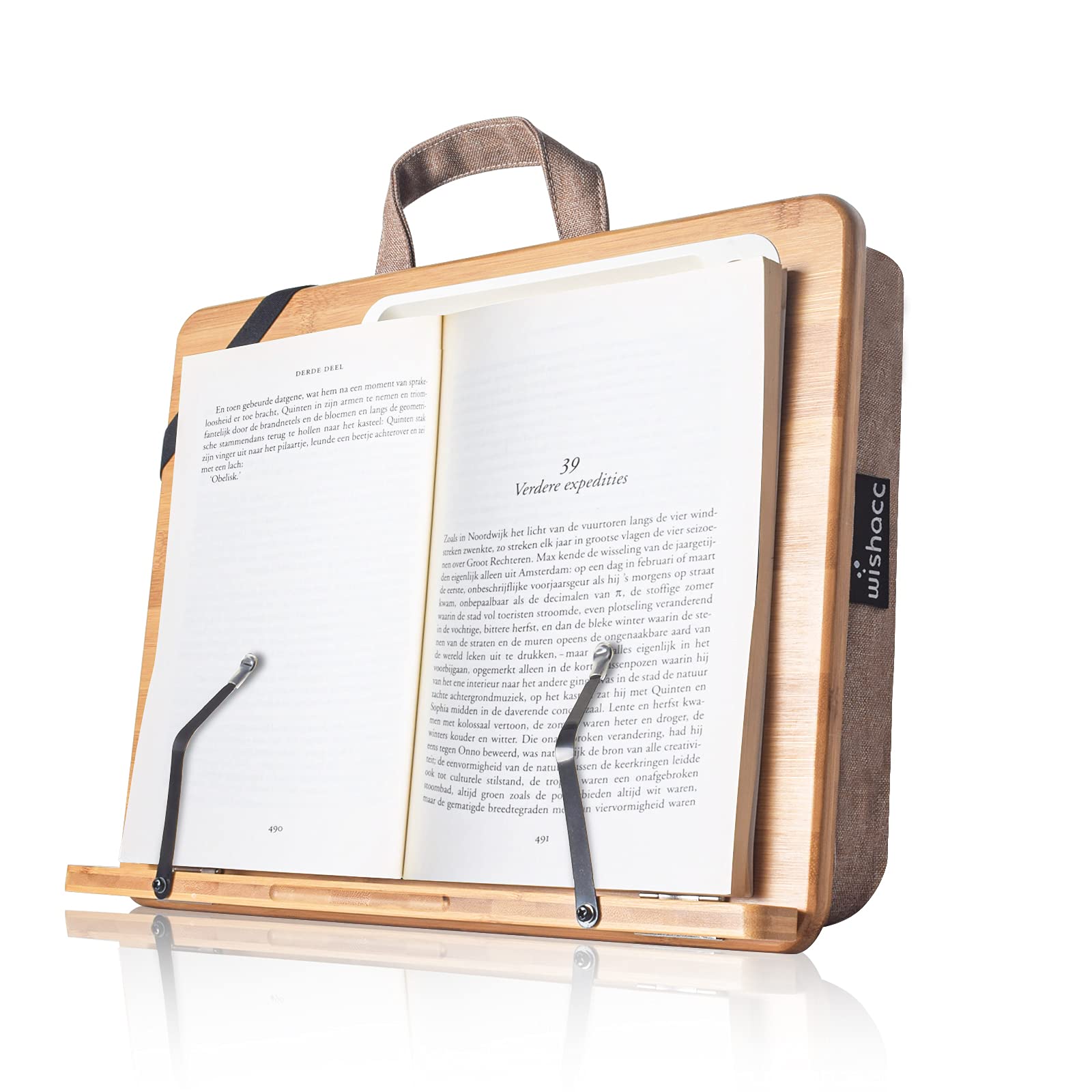 **Bamboo Book Stand for Reading in Bed - Hands Free Lap Holder with Page Clips - Portable Reading Shelf for Cookbooks, Textbooks, Bibles - Perfect for Bed, Sofa, Couch & Office Use**