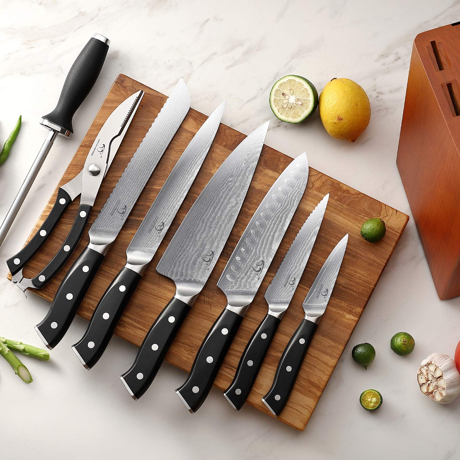 Premium Damascus Steel Kitchen Knife Set - 9-Piece Knife Block Set with Ergonomic Triple Rivet Handle for Chopping, Slicing, Dicing & Cutting - Perfect for Home Chefs & Professional Kitchens