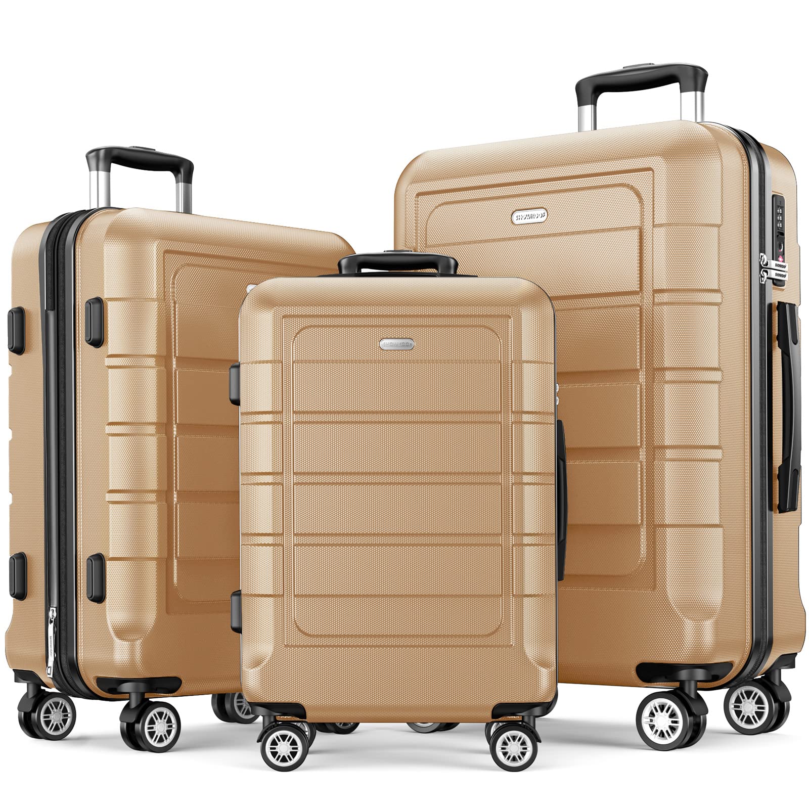 SHOWKOO Expandable Luggage Set - Durable PC+ABS Suitcase with Double Spinner Wheels & TSA Lock (Gold) - Perfect for International Travel & Business Trips