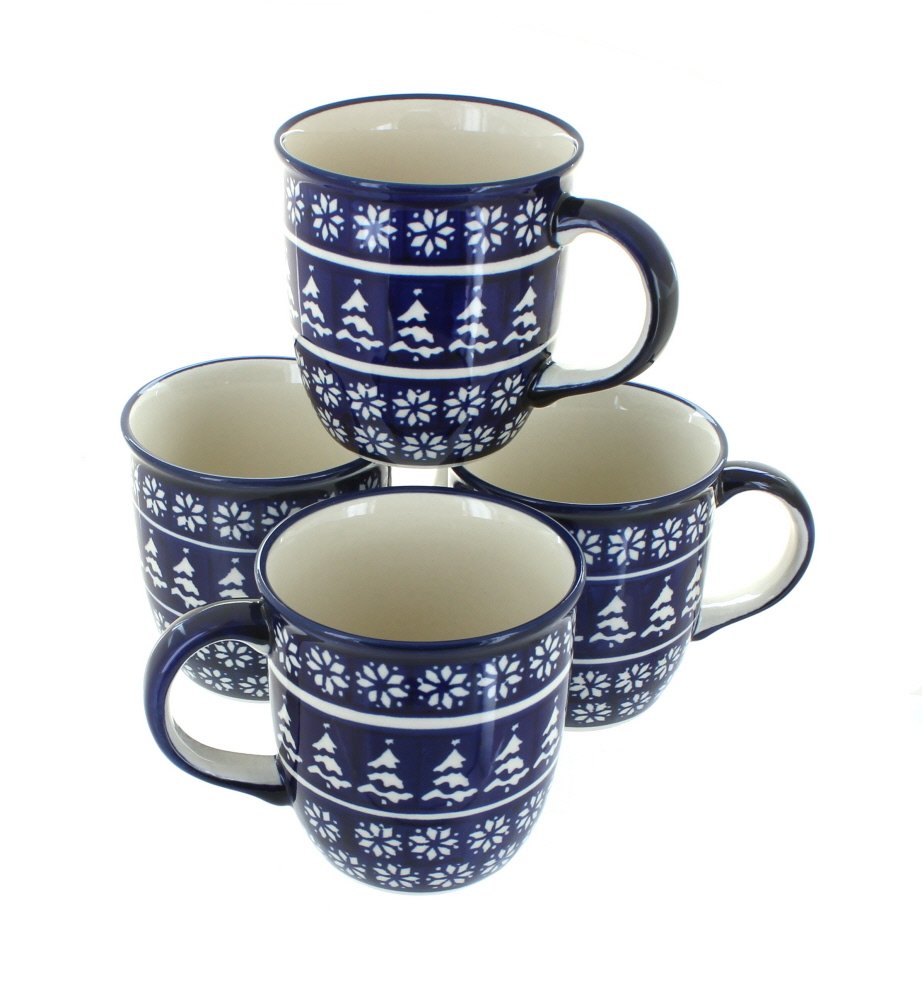 Blue Rose Polish Pottery Winter Nights 4-Piece Mug Set - Handcrafted Ceramic Coffee Cups for Cozy Winter Evenings, Perfect for Hot Chocolate, Tea & Coffee Lovers - Gift Idea for Christmas & Home Decor
