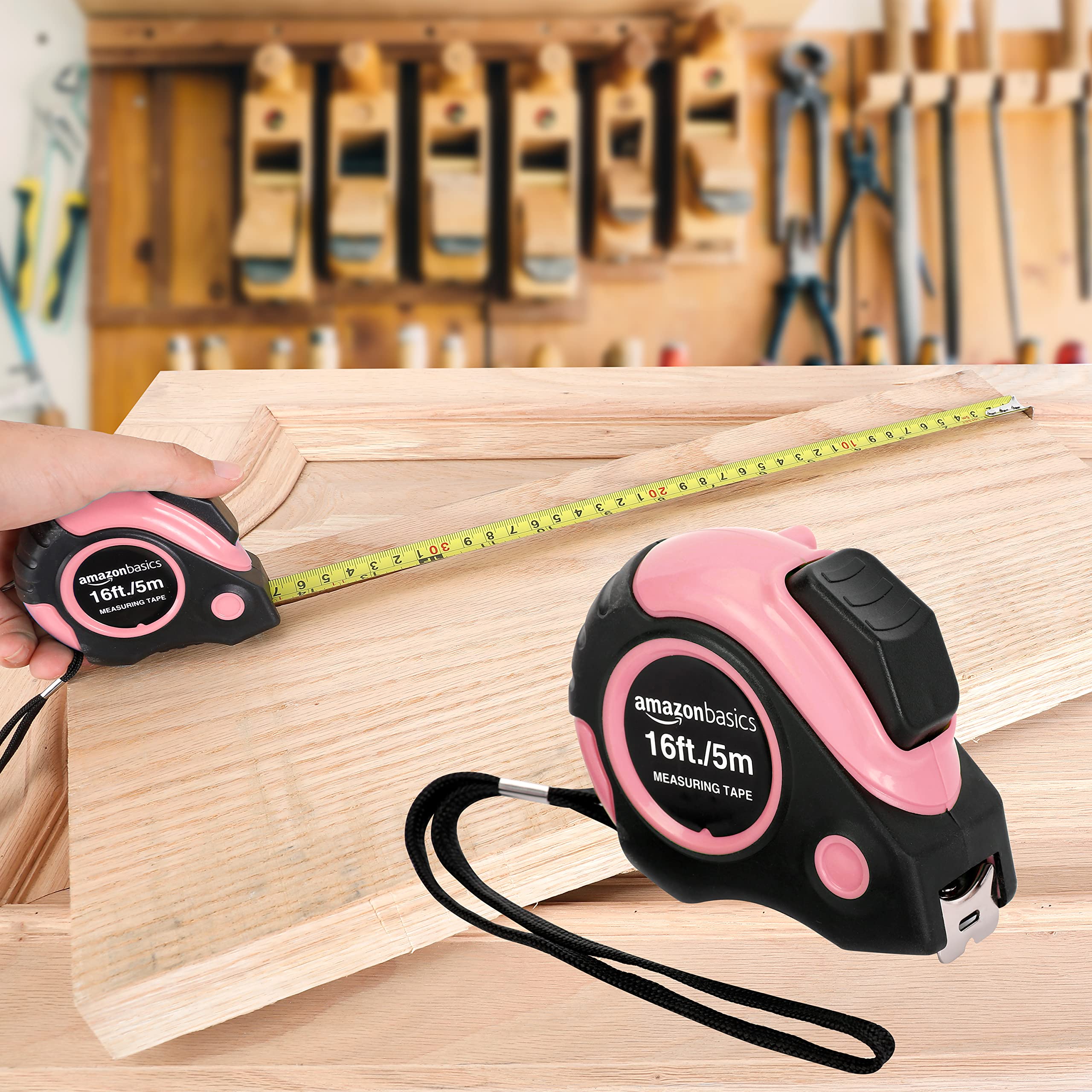 Amazon Basics 16-Foot Pink Tape Measure - Retractable, Durable & Easy to Read - Perfect for DIY Projects, Home Improvement & Crafting