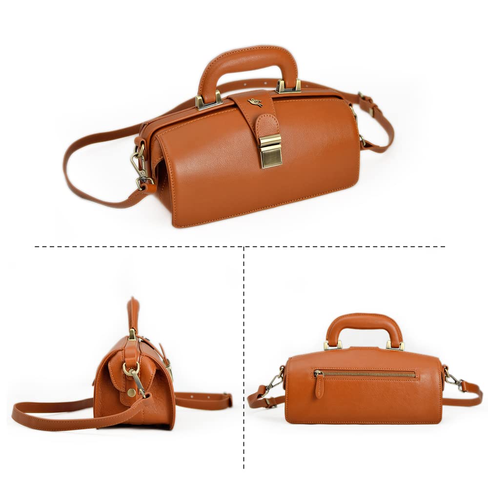 Genuine Leather Handbag for Women - Premium Cowhide Doctor Bag with Shoulder Strap & Buckle Closure - Stylish Brown Shoulder Bag for Work, Travel & Everyday Use