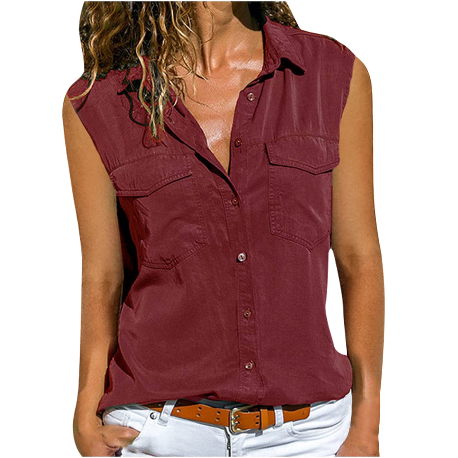 HRAPDA Women's Summer Tank Tops 2022 - Casual Short Sleeve Button Down Shirts with Lapel & Pocket, Trendy Solid Color Tunic Blouses for Work, Date Night & Summer Outfits