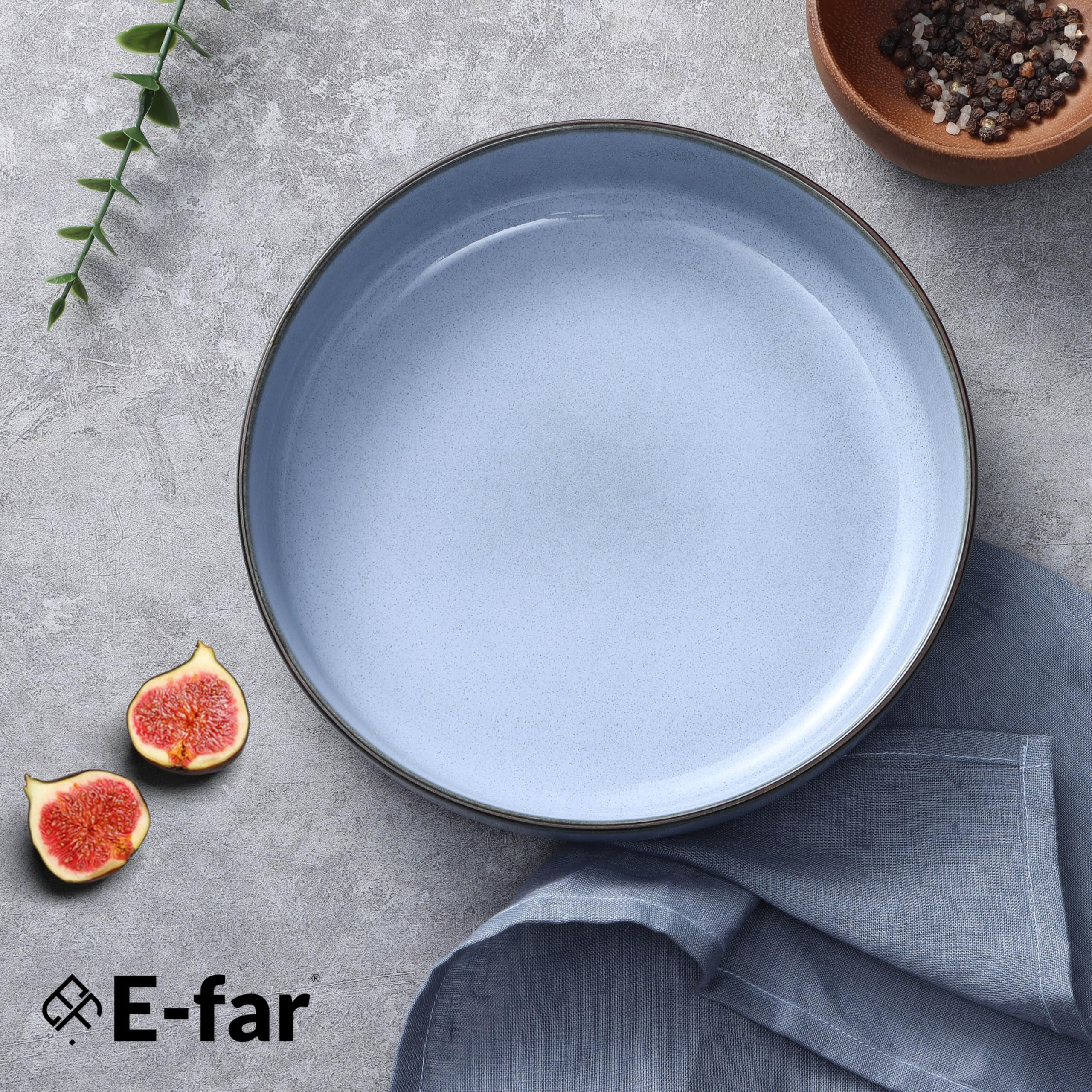 E-far Pasta Bowls Set of 4 - 35oz Large Ceramic Salad Serving Bowls, Wide Shallow Plates for Kitchen - Microwave & Dishwasher Safe, Double Reactive Glaze in Ocean Blue - Perfect for Pasta, Salad, Soup & Family Dining