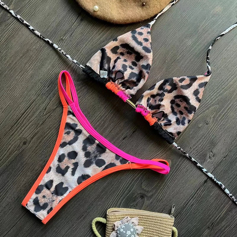 **2024 Women's Halter Brazilian Bikini Set - 9 Colors, Leopard Print & High Cut Swimwear | Sexy Bandage Bathing Suit for Beach, Pool & Vacation**