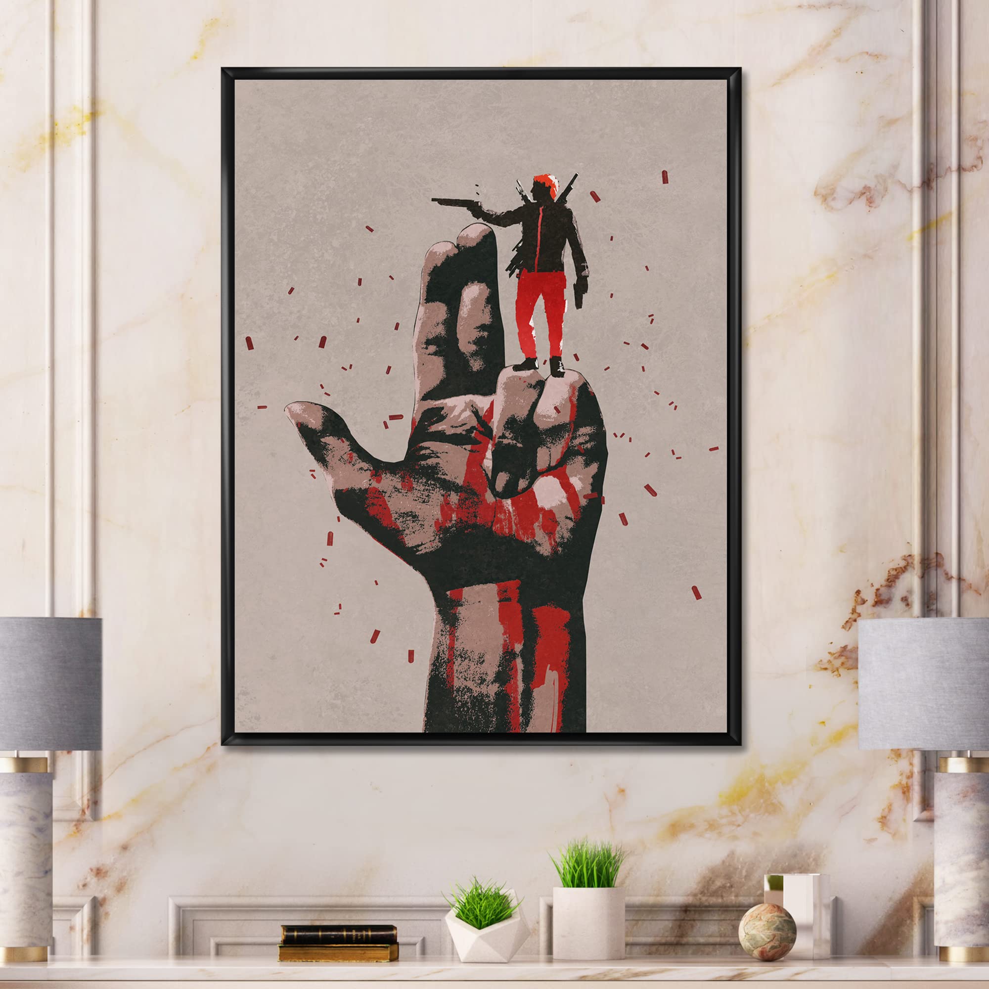 Modern Framed Canvas Wall Art Print - Gun Sign With Man Shooting Gun for Home, Office & Man Cave Decor