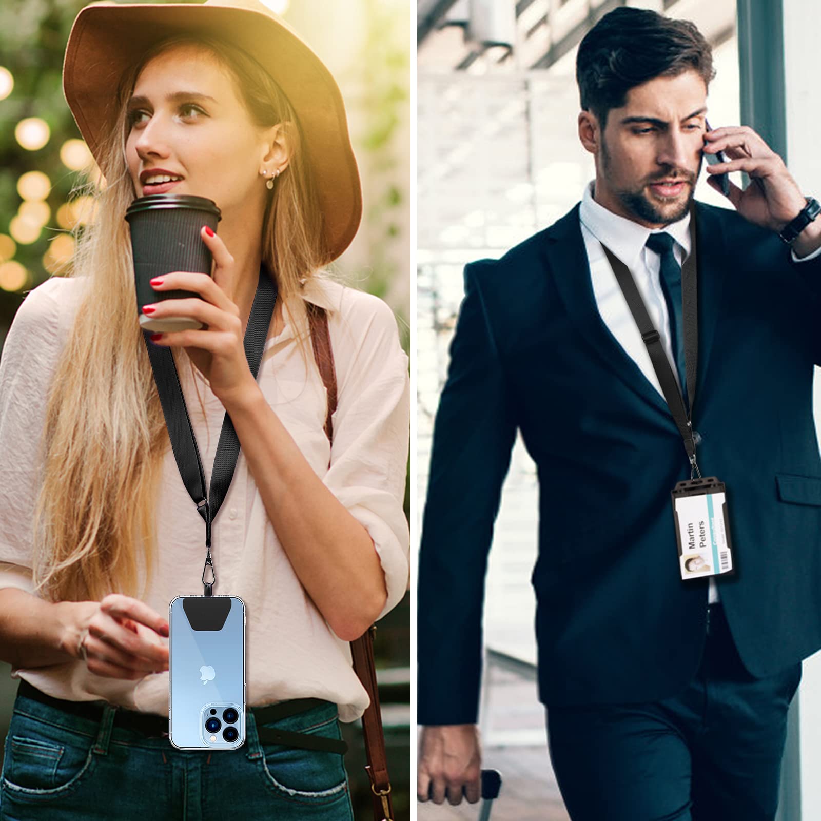 CACOE Adjustable Phone Lanyard Set - Neck & Wrist Straps for Smartphones (Black) - Perfect for Work & Travel