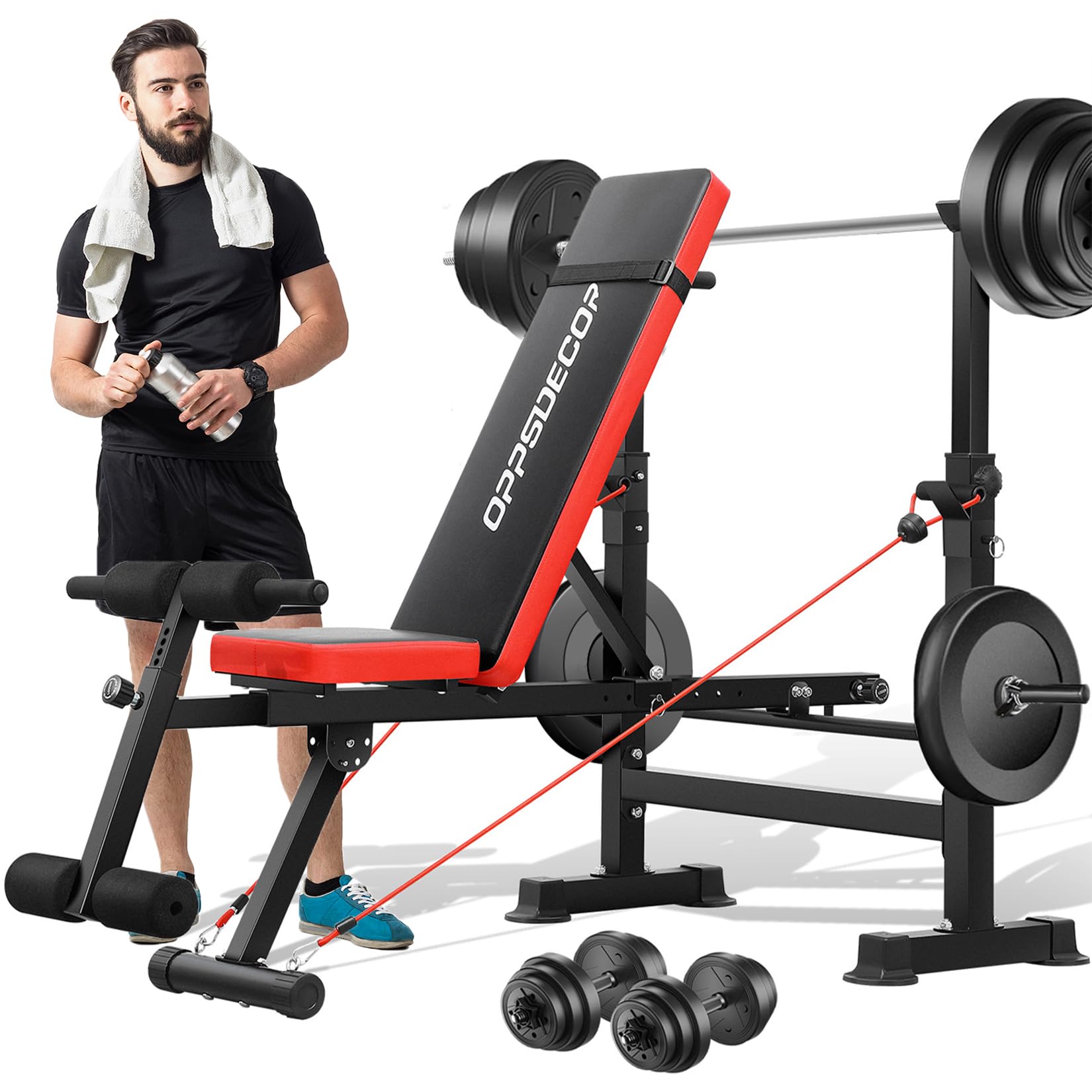 OPPSDECOR 6-in-1 660lbs Weight Bench Set with Squat Rack & Adjustable Incline - Home Gym Strength Training Equipment with Barbell Rack, Leg Developer & Preacher Curl - Perfect for Full-Body Workouts, Weightlifting & Muscle Building at Home