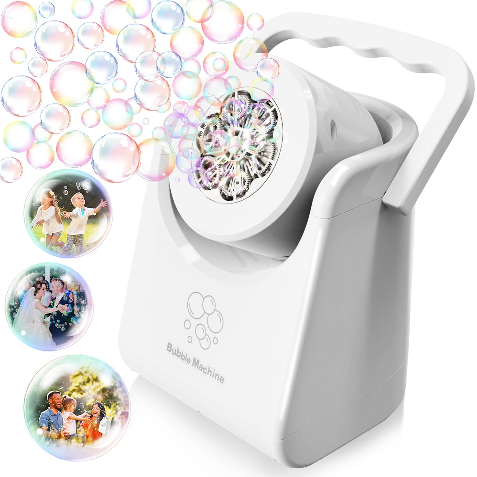 **Automatic Bubble Blower Machine for Kids - Battery Operated, 90° Adjustable Angle, Portable Electric Bubble Maker - Perfect for Birthday Parties, Weddings, Outdoor Play & Indoor Fun (White)**