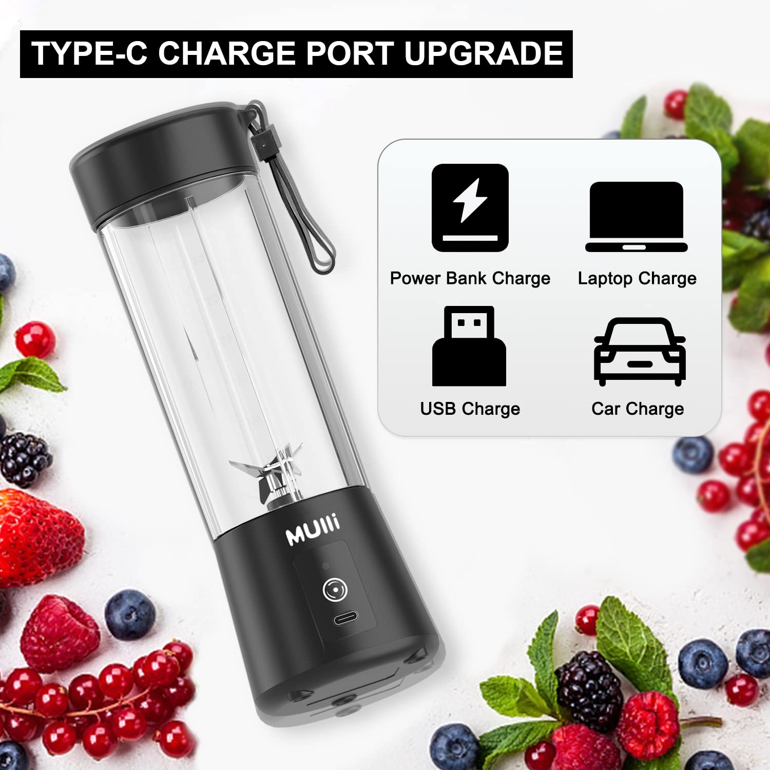 Mulli Portable Blender - 15oz USB Rechargeable Mini Blender for Smoothies, Shakes & Baby Food | Compact Travel Blender for Gym, Office & Outdoor Use | Perfect for Healthy Drinks On-The-Go