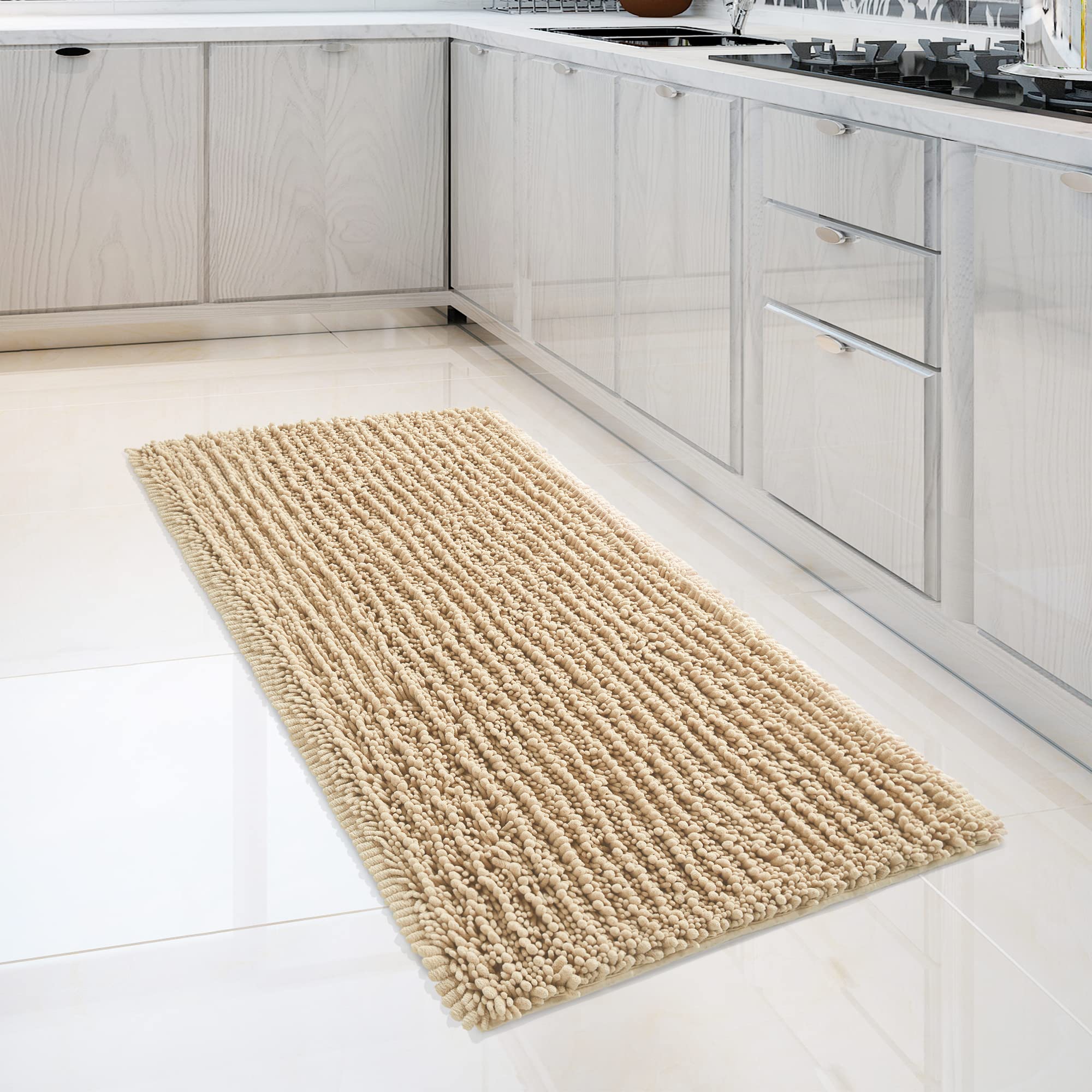 FLOLEOPA Soft Plush Microfiber Bathroom Rugs - Super Absorbent Non-Slip Machine Washable Bath Mat for Shower, Tub & Bathroom Floor (27.5x47 Inches, Beige) - Perfect for Cozy Bathrooms & Spa-Like Showers