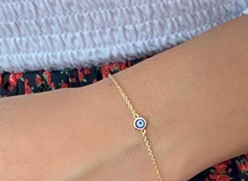 14K Solid Yellow Gold Evil Eye Bracelet for Women - Dainty Protection Jewelry, Handmade Adjustable Chain for Good Luck & Positive Energy - Perfect for Gifts, Meditation & Everyday Wear