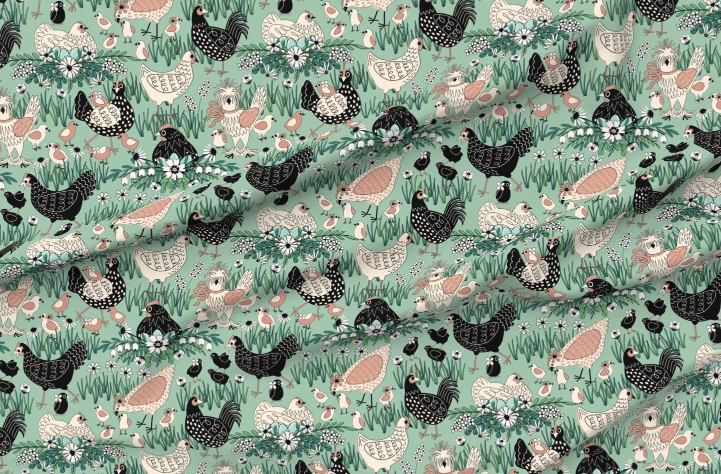 Spring Chickens Bird Pink Black Cream Teal Printed Velvet Upholstery Fabric - Fat Quarter for Home Decor, Apparel & DIY Projects | Soft Durable Material for Curtains, Pillows, Clothing & Crafting