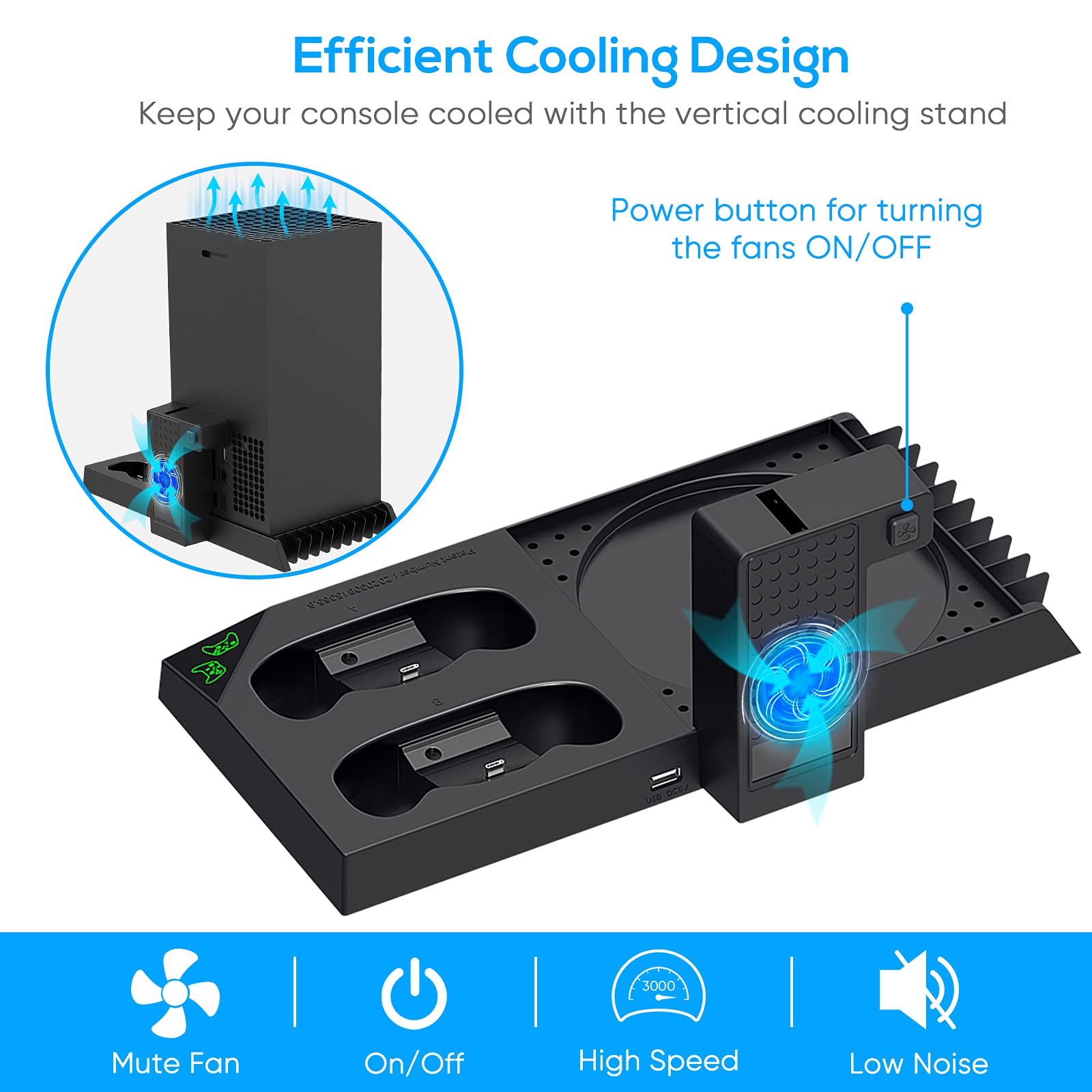 Xbox Series X Vertical Cooling Stand with Cooling Fan - Cooling Dock Station with 10 Game Storage, Controller & Headphone Holder - Includes 2X1400mAh Rechargeable Batteries - Perfect for Gaming Setup & Console Protection