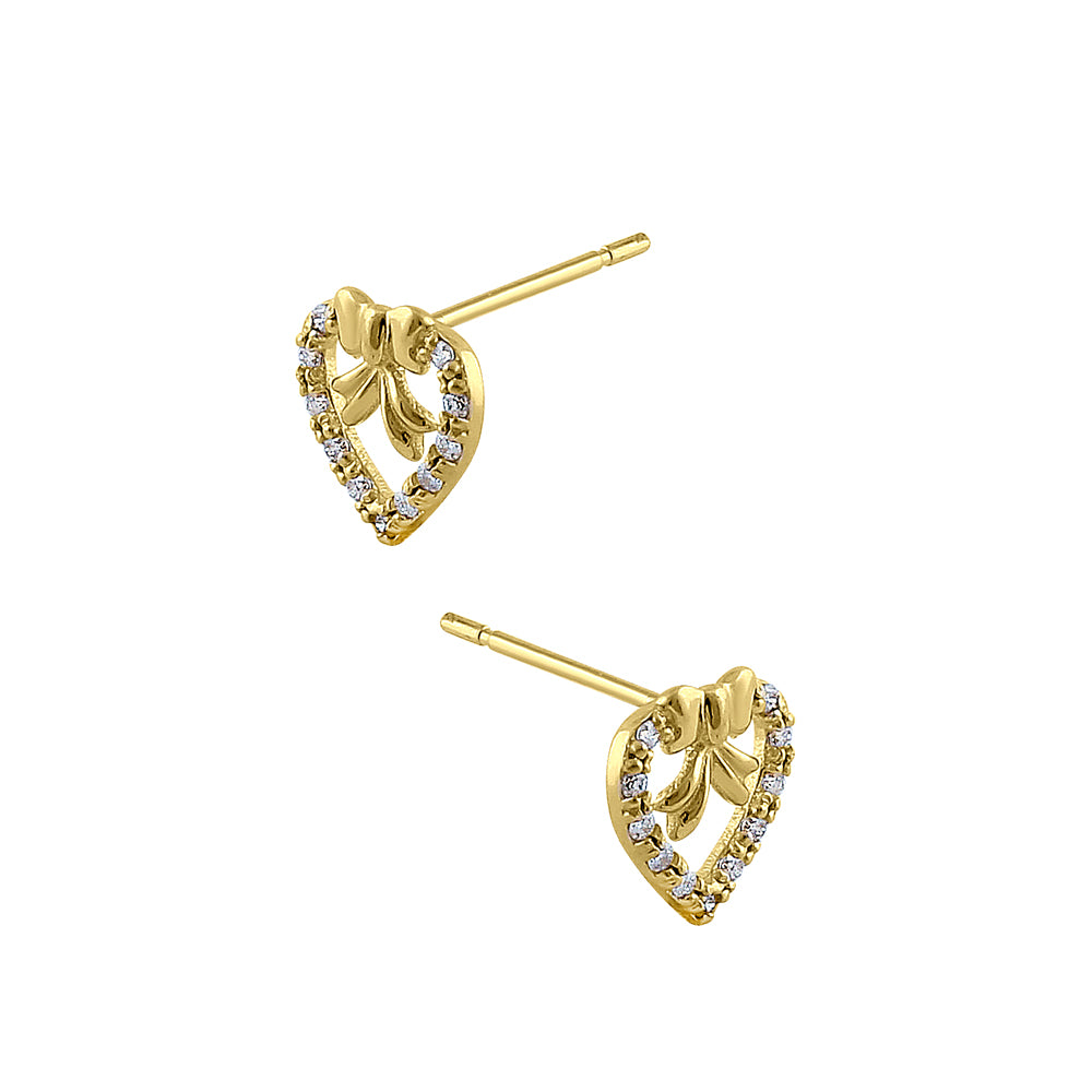 14K Yellow Gold Ribbon & Heart Diamond Earrings for Women - Elegant Dangle Drop Earrings for Valentine's Day, Anniversary, Wedding & Special Occasions