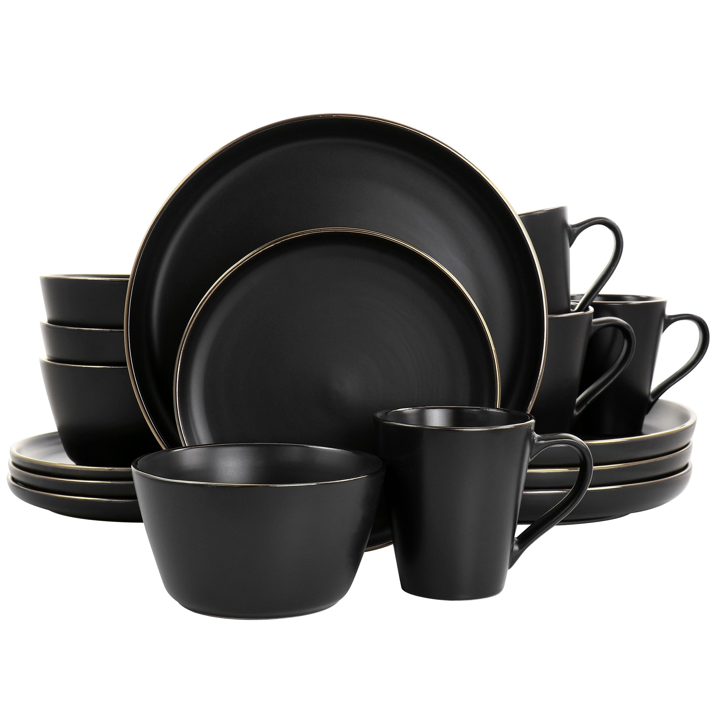 16-Piece Black Stoneware Dinnerware Set with Gold Rim - Elegant & Durable Round Plates, Bowls - Dishwasher & Microwave Safe for Everyday Dining & Entertaining