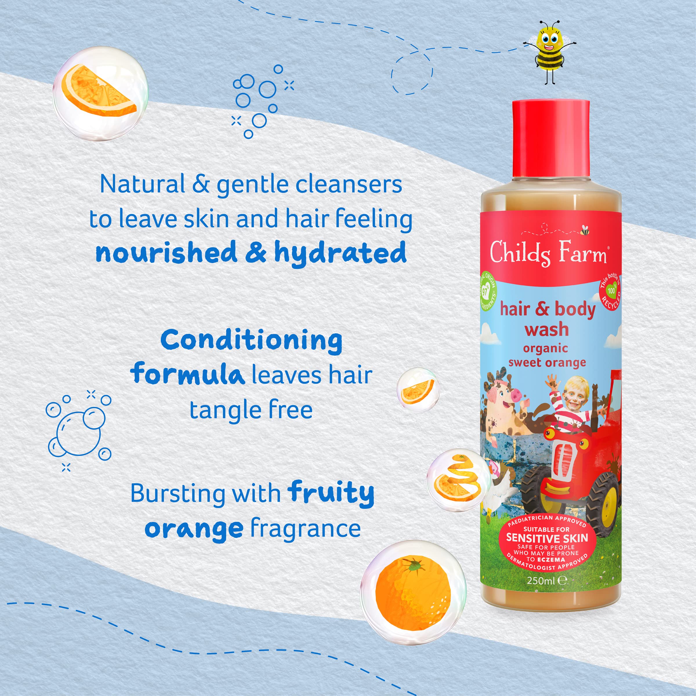 Organic Sweet Orange Hair & Body Wash for Kids by Childs Farm - 250ml | Gentle & Natural Baby Bath & Shower Gel for Sensitive Skin | Perfect for Daily Use & Travel