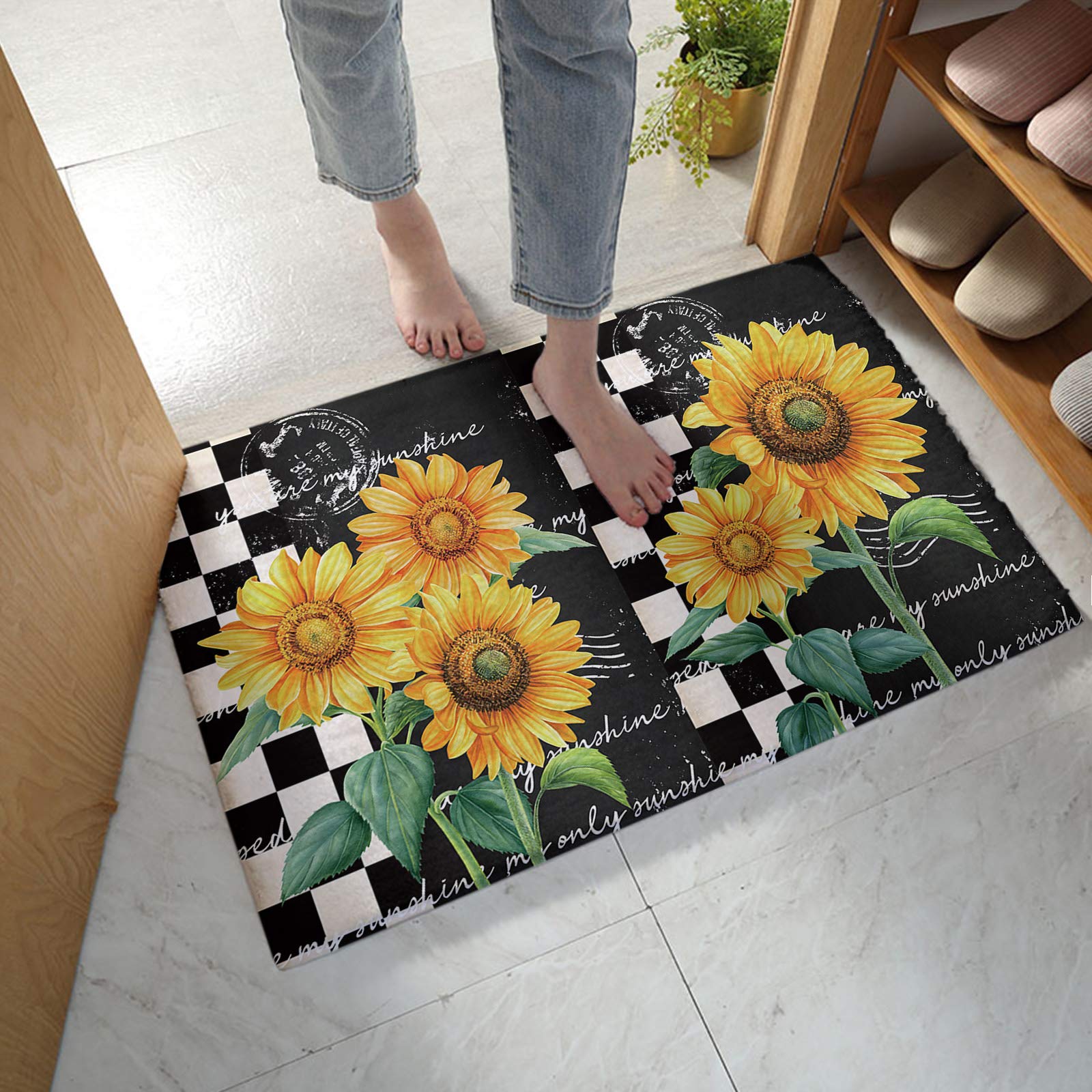 BOSIJOY Non-Slip Fluffy Bath Rug - Soft Plush Shag Carpet with Sunflower Floral Design, Absorbent Kitchen & Bathroom Floor Mat (18x30 Inches) - Perfect for Cozy Home Decor, Bathroom Safety, and Kitchen Comfort