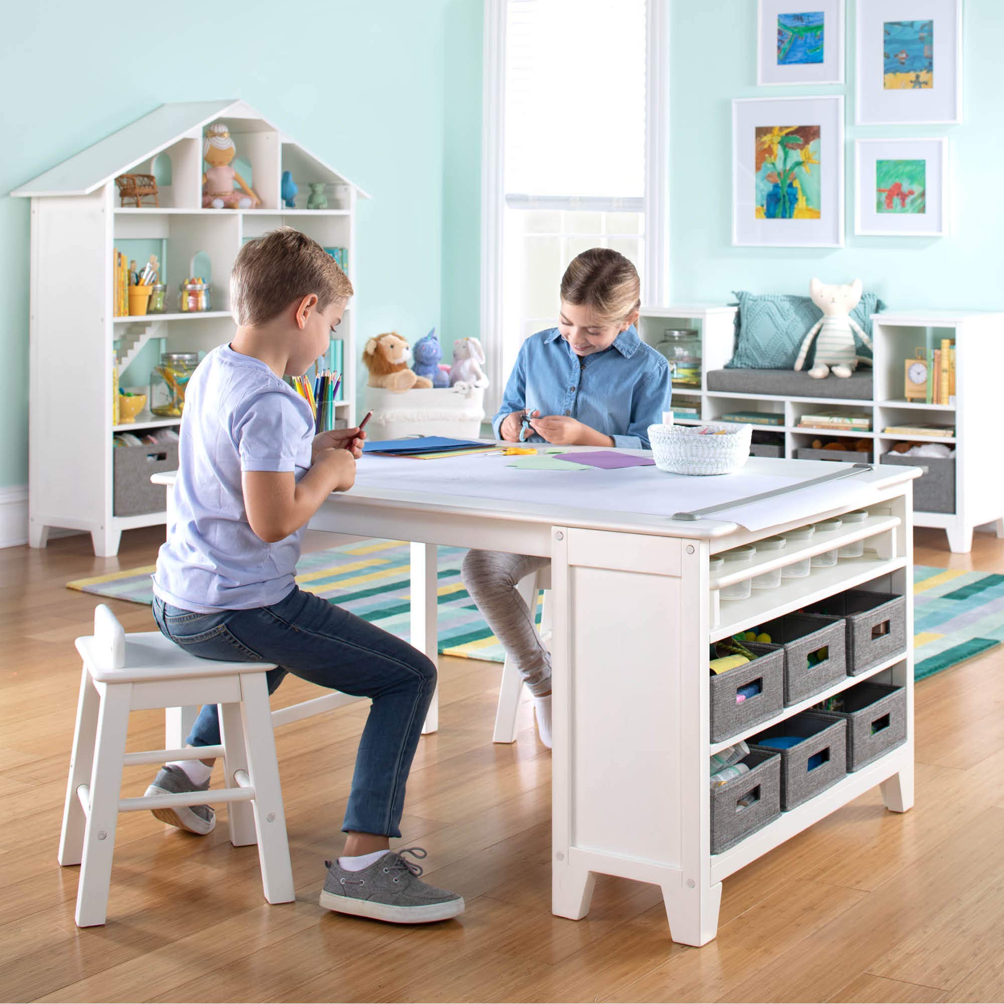 Martha Stewart Kids' Art Table and Chair Set - Creamy White | Wooden Play Table for Arts & Crafts, Coloring Desk with Paint Cups, Paper Roll & Storage Bins | Perfect for Preschool Learning, Creative Play & Home Classroom Activities