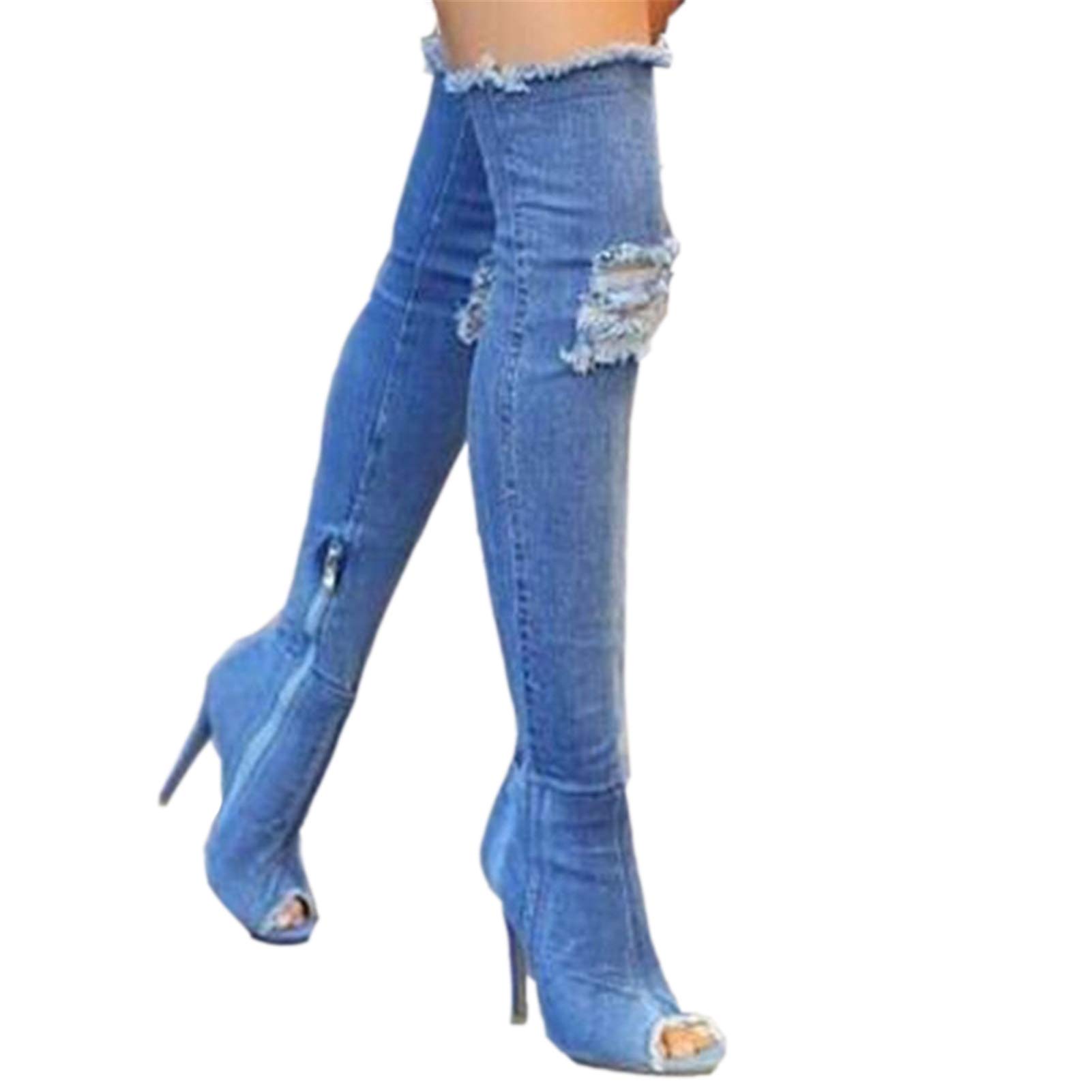HOAPL Women's Denim Blue Thigh High Boots - Ripped Sexy Fashion Stiletto with Side Zipper | Size D, 39 | Perfect for Night Out, Party & Fashion Statement