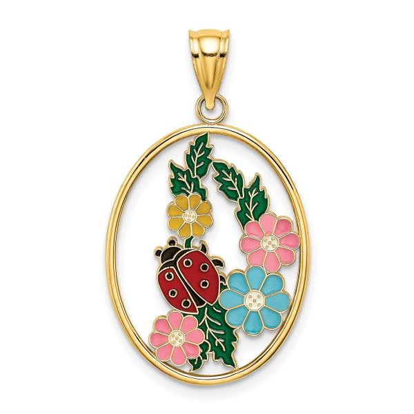 14K Solid Yellow Gold Stained Glass Oval Ladybug Necklace - Elegant Pendant Charm for Women - Perfect Gift for Birthday, Anniversary & Valentine's Day