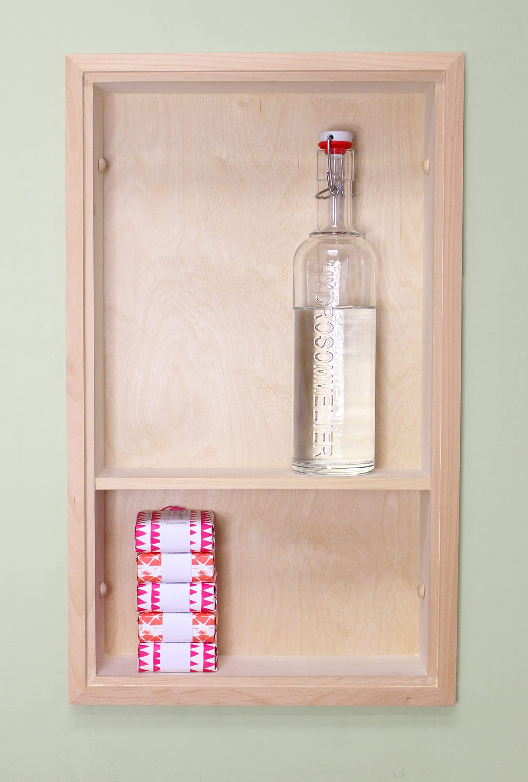 Fox Hollow Furnishings 14x24 Inch Recessed Wall Niche Shelf - Unfinished Wood Storage Organizer with 2 Shelves for Bathroom, Living Room & Bedroom Decor