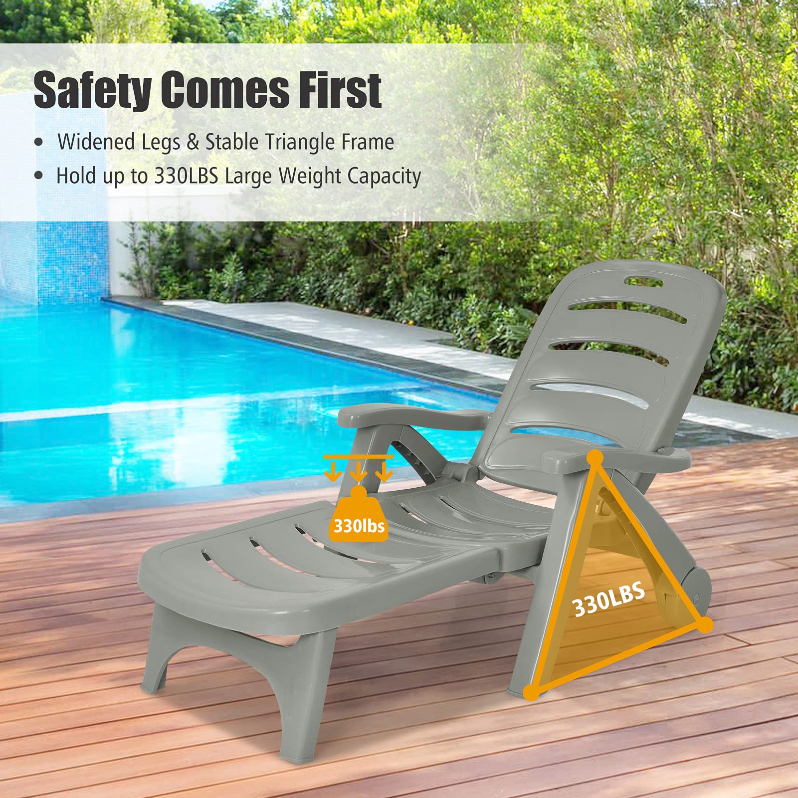 Giantex Folding Patio Chaise Lounge Recliner with Wheels & Armrests - 5-Position Adjustable Outdoor Sun Lounger for Poolside, Beach, Garden, Yard & Deck - Gray Rolling Sunbathing Chair for Relaxation & Tanning