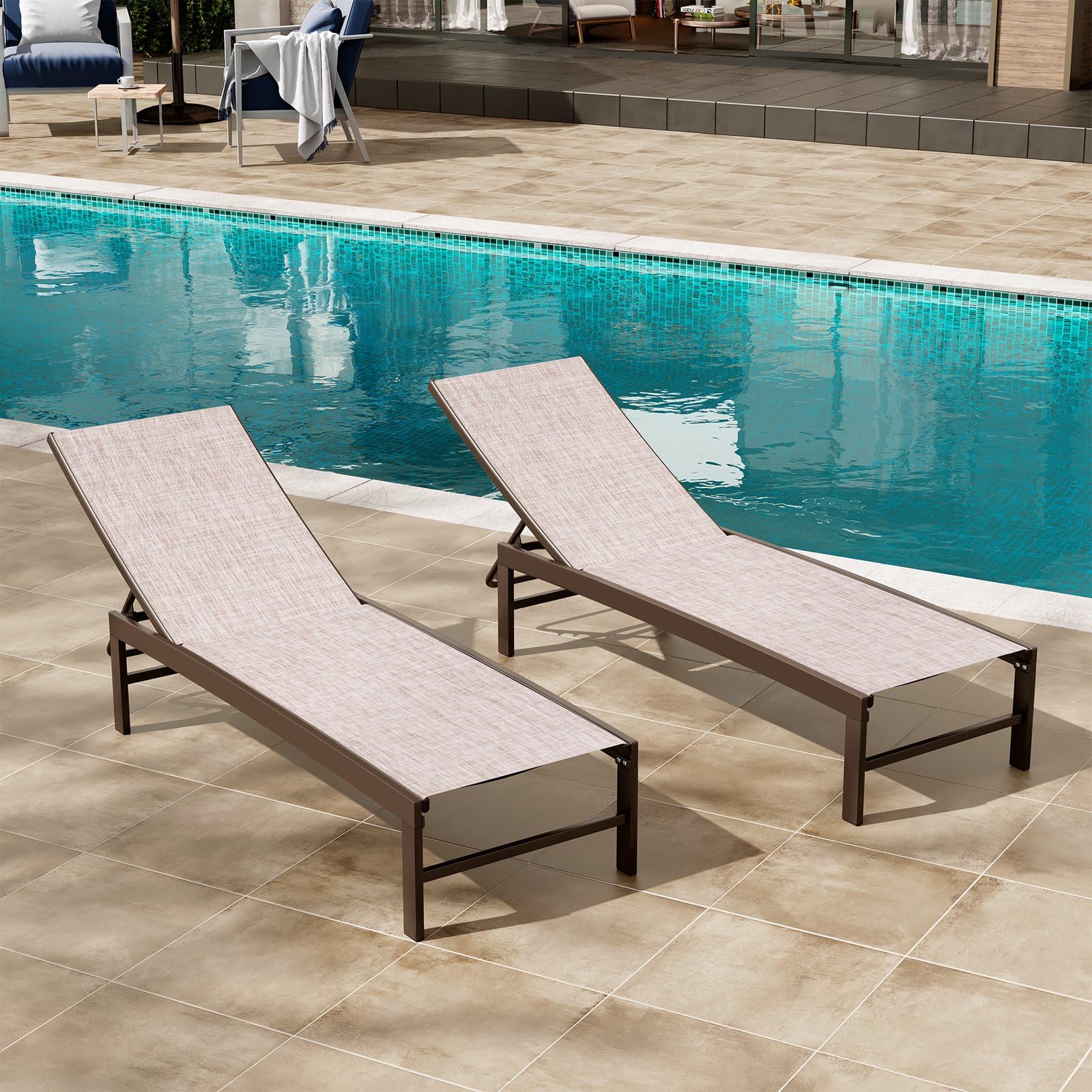 Crestlive 2-Piece Outdoor Lounge Chair Set - Aluminum Pool Chaise Lounge Chairs with 5-Position Adjustable Recliner, All-Weather Patio Furniture for Beach, Yard & Poolside Relaxation (Beige) | Perfect for Sunbathing, Lounging by the Pool or Backyard Relaxation