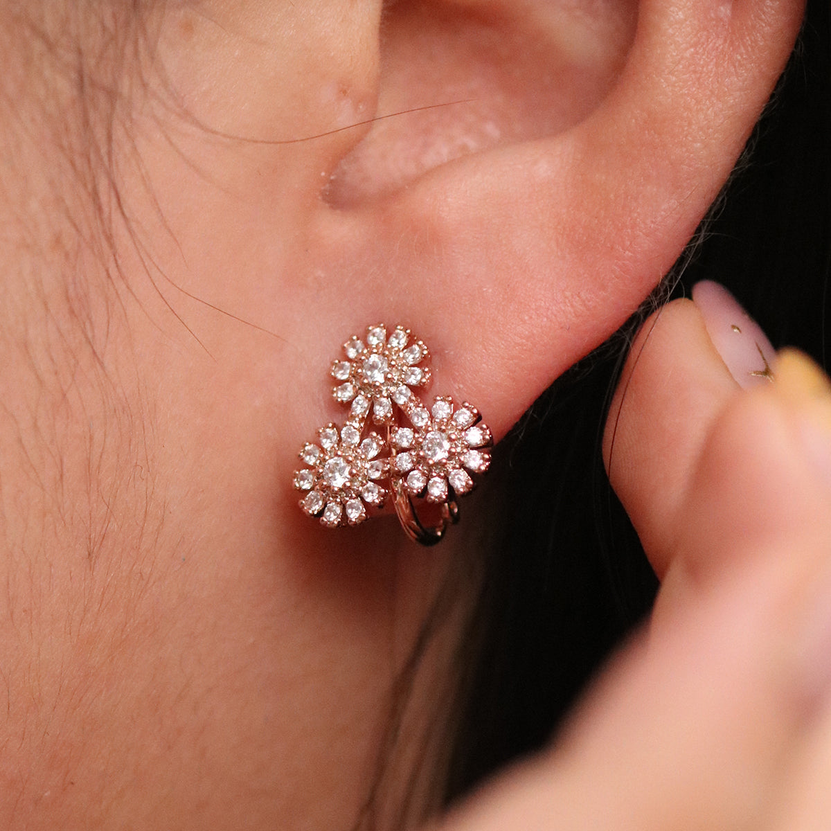Trendy Triple Daisy Cubic Clip-On Earrings for Women – Perfect for Weddings, Parties & Everyday Wear