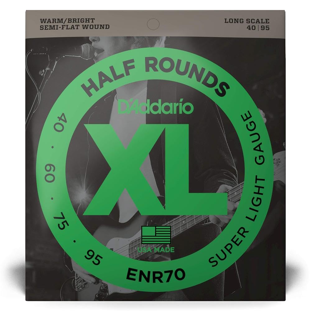 D'Addario XL Nickel Half Round Bass Guitar Strings ENR70 - Long Scale, Super Light Gauge 40-95, 4-String Set (Pack of 1) - Perfect for Jazz, Blues & Rock Bass Players