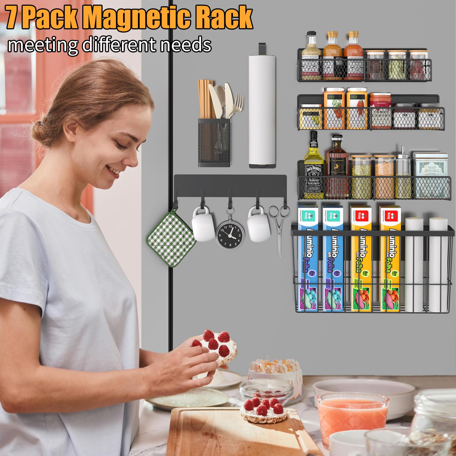 7-Pack Magnetic Spice Rack for Refrigerator - Adjustable Metal Spice Organizer with Hooks | Fridge Storage Shelf for Spices, Paper Towels, Utensils & Cutting Boards | Perfect Kitchen Organization for Small Spaces & Apartment Living