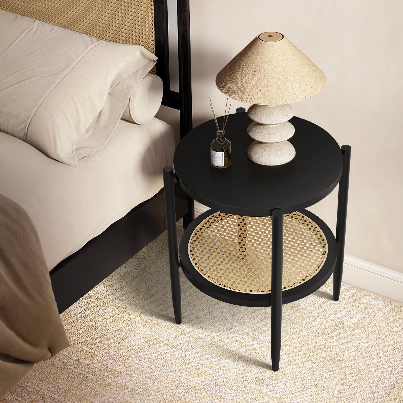 KithKasa Black Small Side Table Set of 2 - Mid Century Modern End Tables with Rattan Storage | 2-Tier Round Side Tables for Living Room, Bedroom, Cafe & Small Spaces | Perfect for Coffee, Books & Home Decor