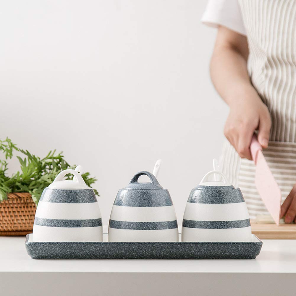 3-Piece Ceramic Sugar Bowl Set with Lids & Spoons - Airtight Spice Jars for Salt, Sugar, Flour & Seasonings | Perfect for Kitchen Storage, Baking & Coffee Station Organization